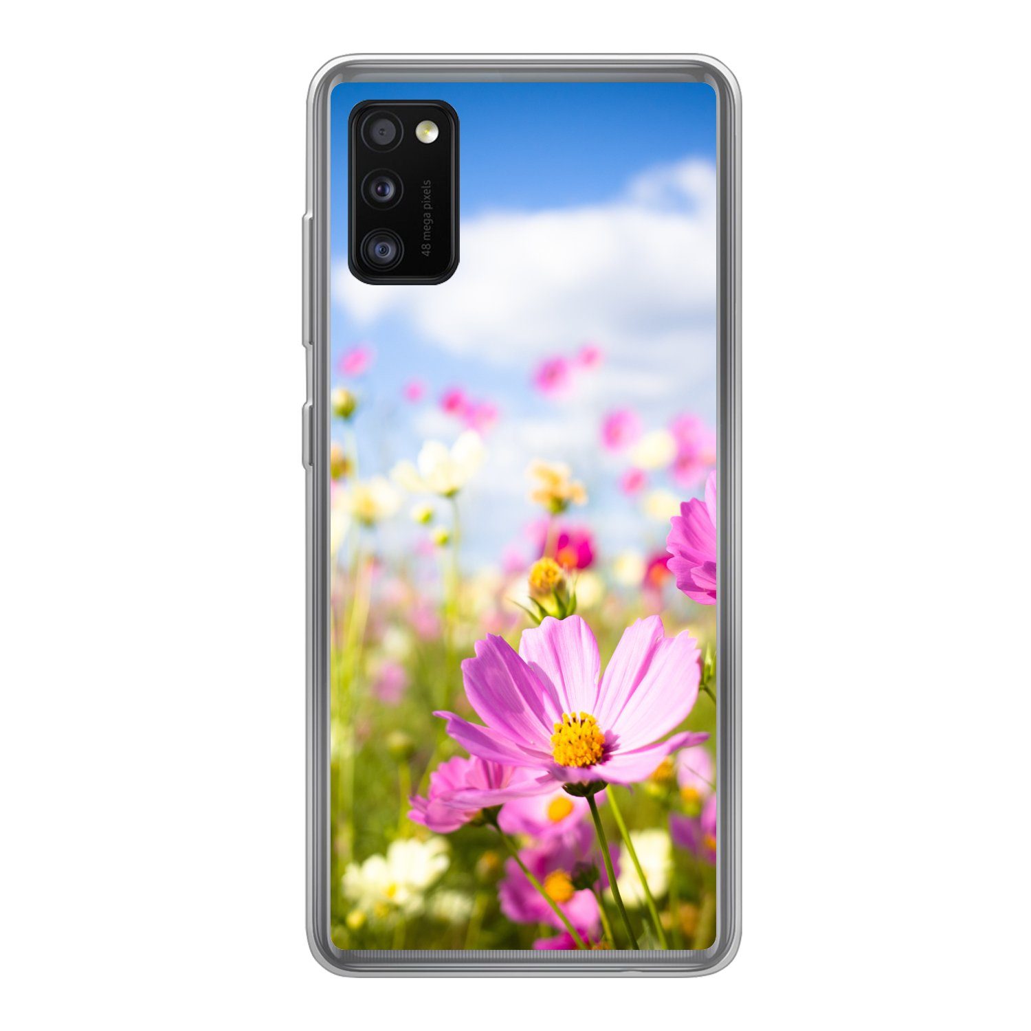 MuchoWow Handyhülle für Samsung Galaxy A41 Blumen - Wiese - Lila - Gras - Weiß - Wolken -, Smartphone-Bumper, Print, Handy Schutzhülle Dünn