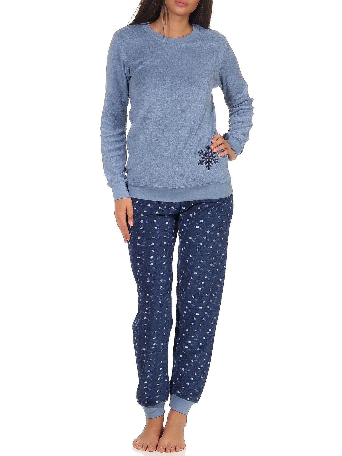 Pyjama Damen Frottee Schlafanzug langarm mit Bündchen und Eiskristall Motiv