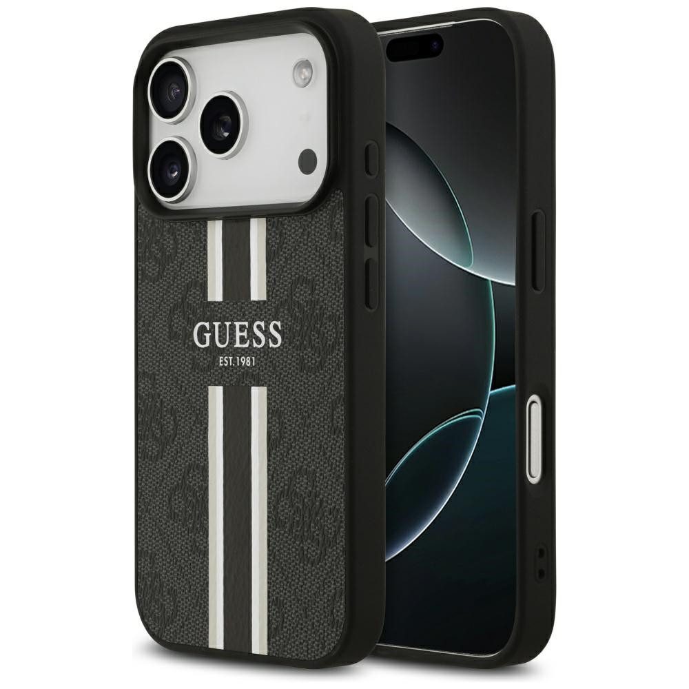 Guess Handyhülle Case iPhone 17 Pro MagSafe Kunstleder grau Logo Streifen 6,3 Zoll, Kantenschutz