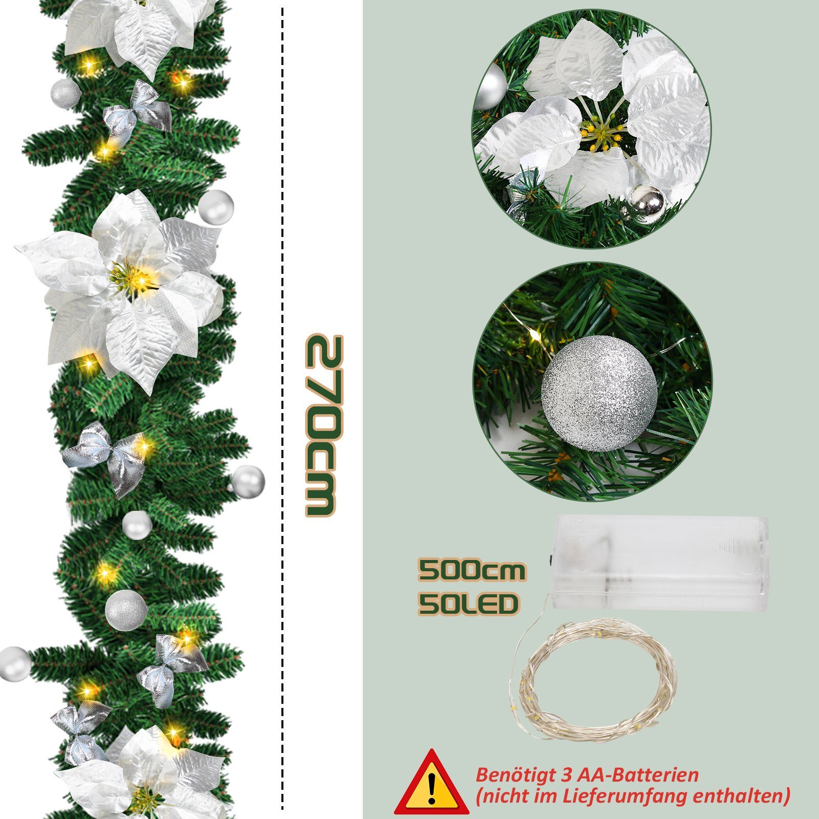 Kunstgirlande 2.7M Weihnachtsgirland Tannengirland Weihnachtdekoration 50 LEDs, Clanmacy – Bild 2 von 5