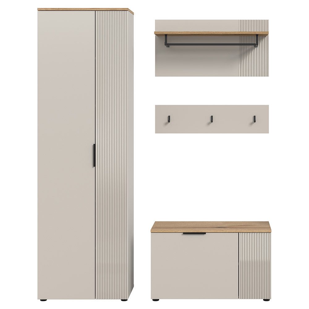 Lomadox Garderoben-Set SIMNAS-158, (Spar-Set, 4-St., Garderobenschrank Garderobenpaneel (2-teilig) Schuhbank), in Kaschmir & Eiche, gerillte Front