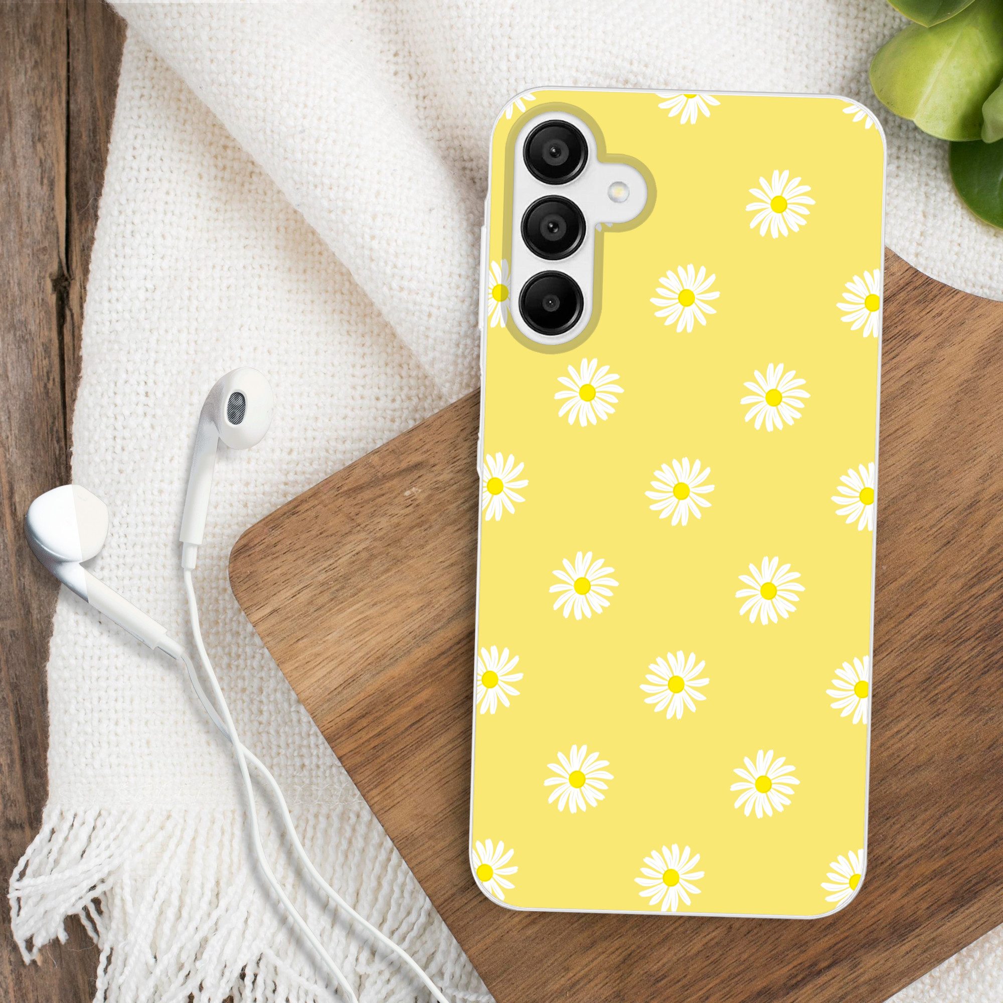 MuchoWow Handyhülle für Samsung Galaxy A15 Gänseblümchen - Pastell - Weiß - Gelb - Blumen, Smartphone-Bumper, Print, Handy Schutzhülle Dünn