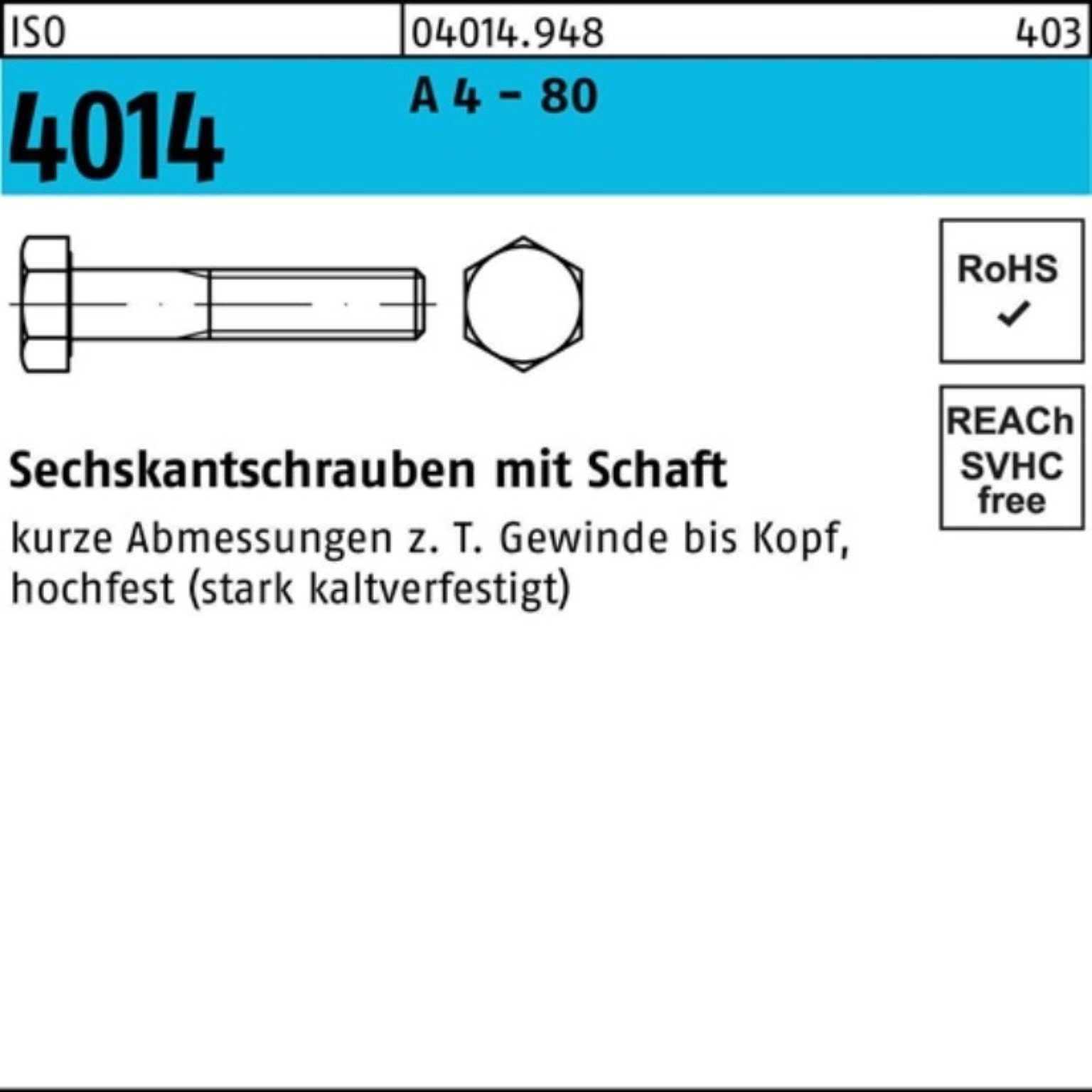 Bufab Sechskantschraube 100er 80 70 Sechskantschraube A 1 Stück - M20x Schaft 4014 4 Pack ISO