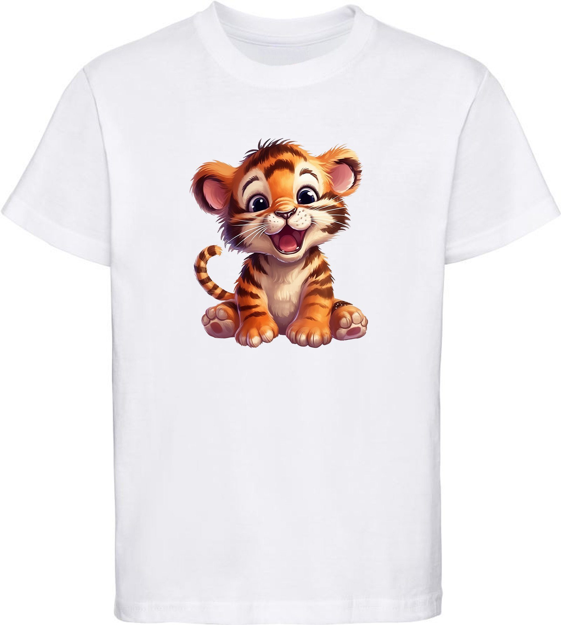 MyDesign24 T-Shirt Kinder Wildtier Print Shirt bedruckt - Baby Tiger Baumwollshirt mit Aufdruck, i266 weiss