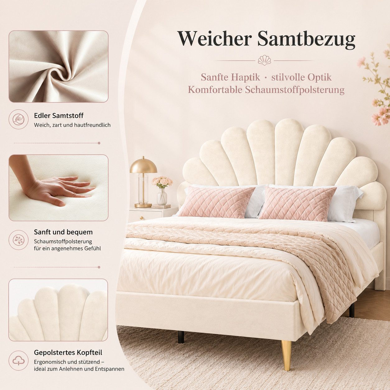 Simurq Polsterbett Kinderbett 140x200 für Mädchen,Bettgestell mit Lattenrost,Samtstoff (Versand in 2 Paketen, Mädchen Bett für kinder/Erwachsenen,Ohne Matratze) – Bild 5 von 5