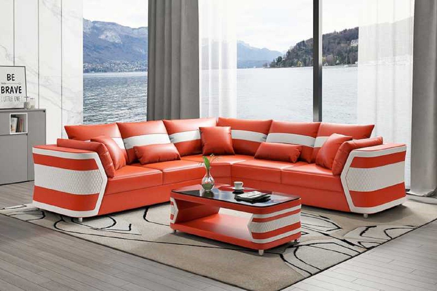 Orange Ledersofa Ecksofa Europe Luxus 3 JVmoebel Sofa Wohnzimmer in Couch Teile, Modern, Made Ecksofa