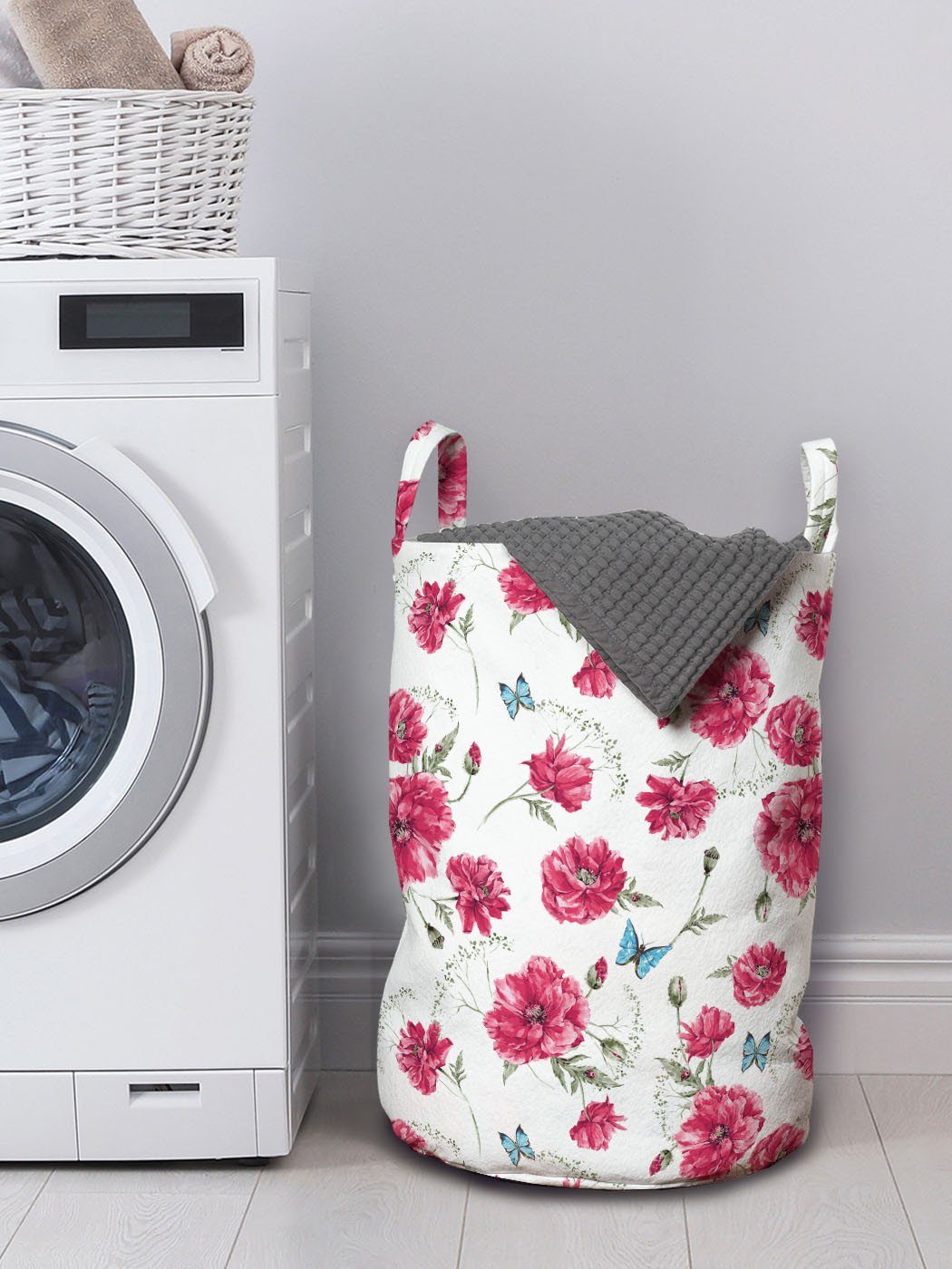 Griffen Abakuhaus Wäschekorb Wäschesäckchen für Waschsalons, Flora Kordelzugverschluss Blüten Poppy Schmetterling mit