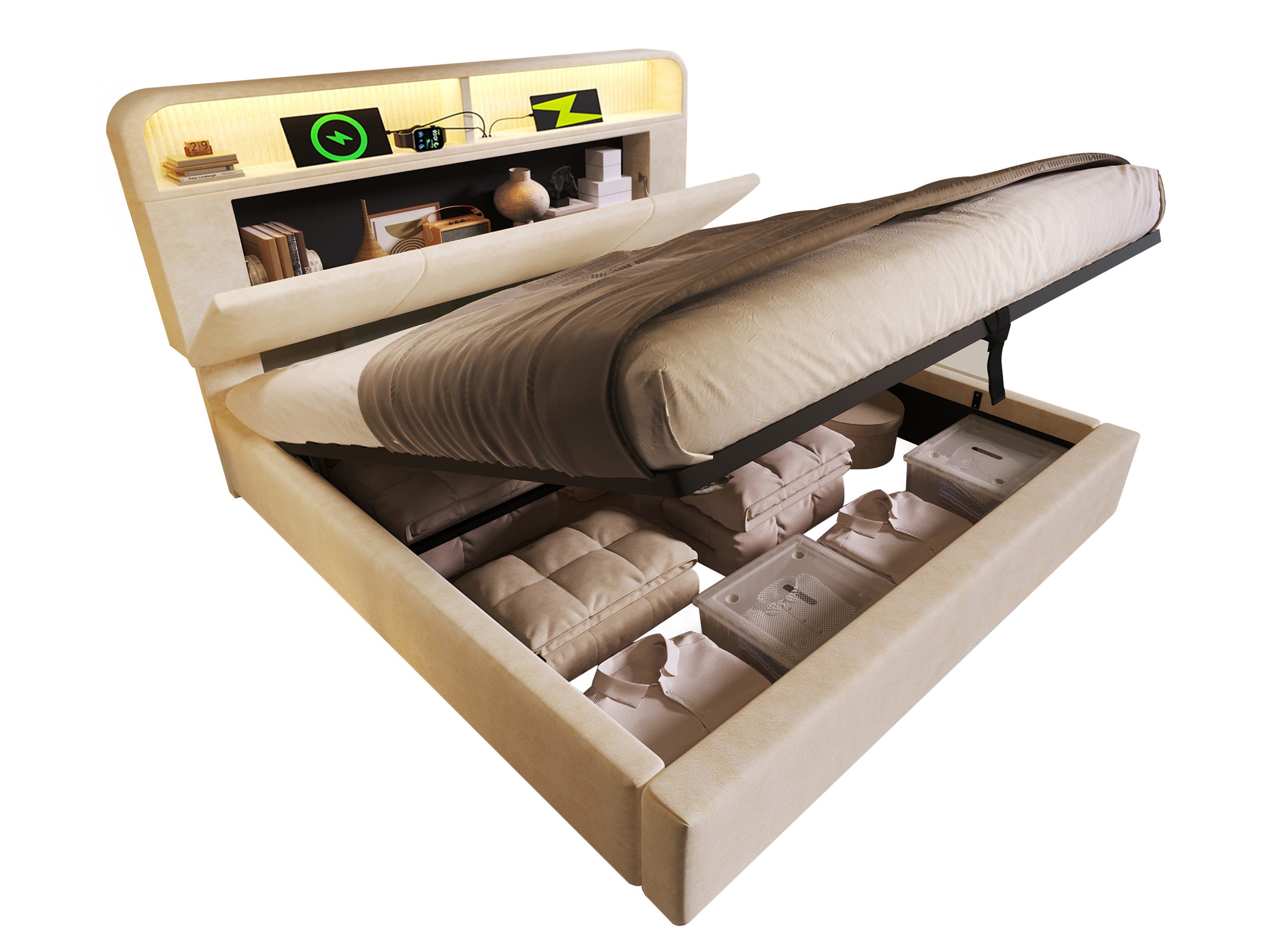 SeedWave Polsterbett Samt Hydraulisches Bett, Höhenverstellbares Kopfteil, LED-Beleuchtung, 140×200cm Stauraumbett inkl. Matratze, Schnellladung