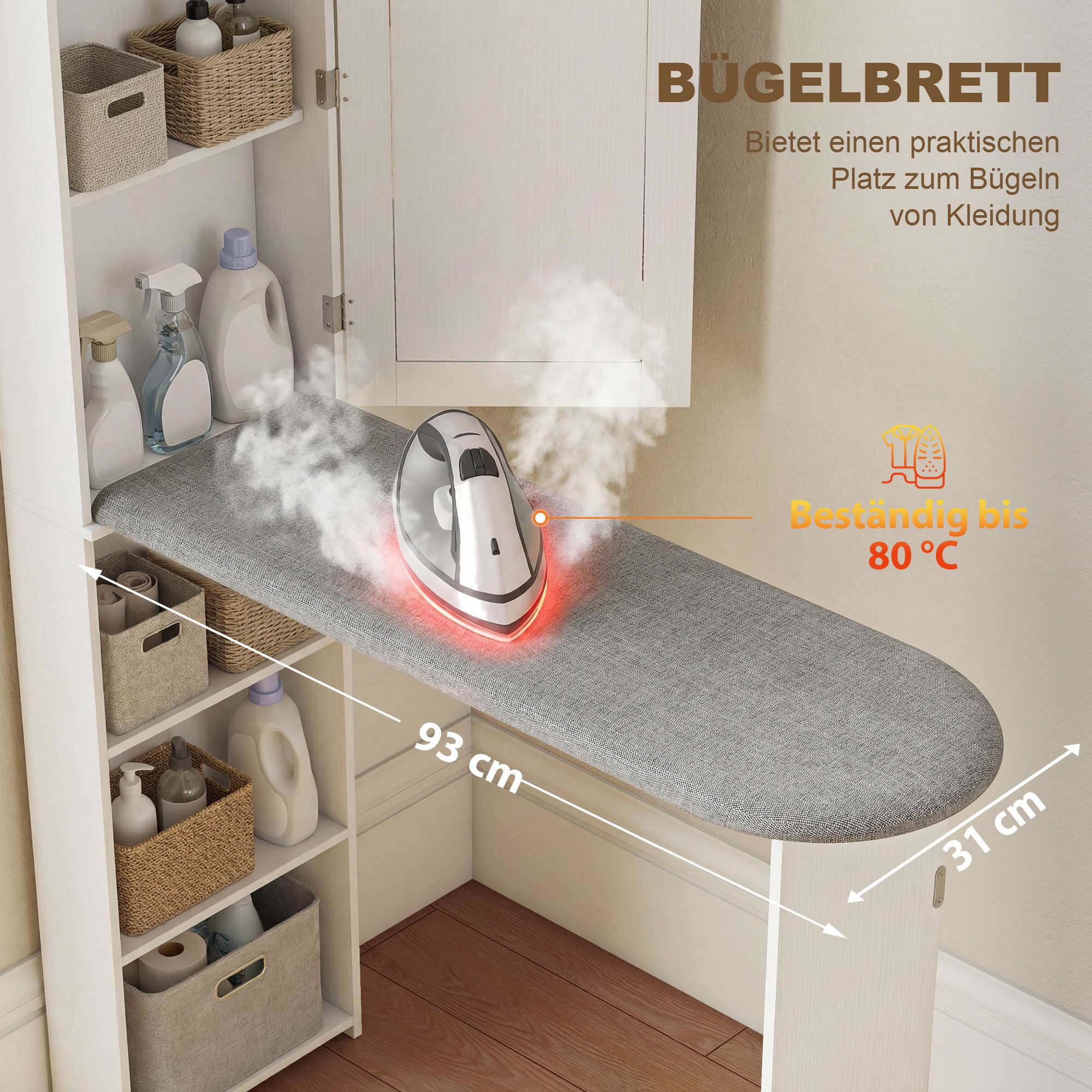 HOMCOM Bügelbrett Faltbarer mit Tür, Regalen, platzsparender Bügeltisch, Bügelfläche 93x31 cm, für Waschküche oder kleine Räume, 106 x 35 x 174 cm, Weiß – Bild 5 von 5