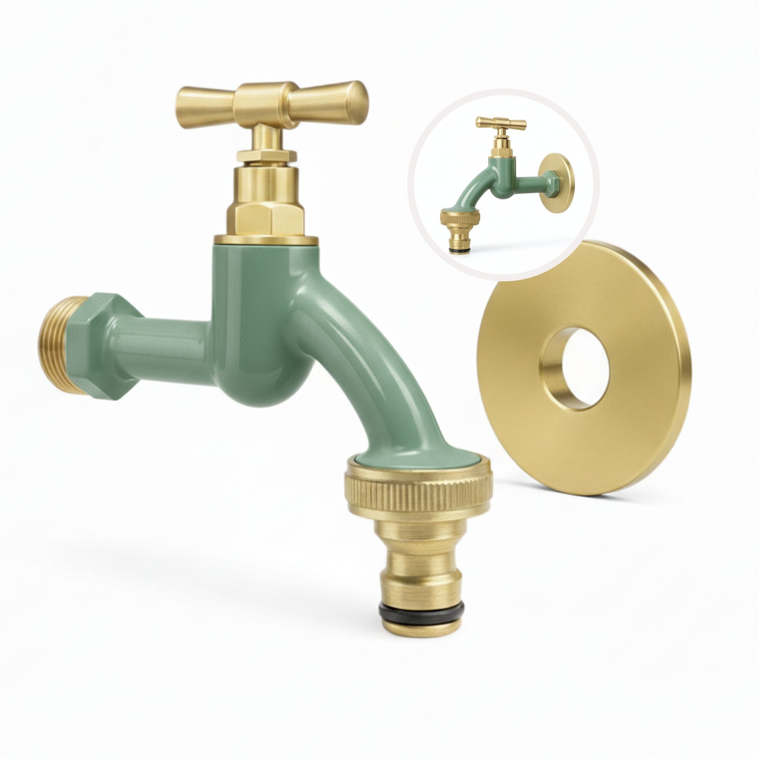 LIVLIG Kugelhahn Wasserhahn Garten, Außenwasserhahn mit Rosettengarnitur 1/2 Zoll, frostsicher, pulverbeschichtet, goldene Akzente