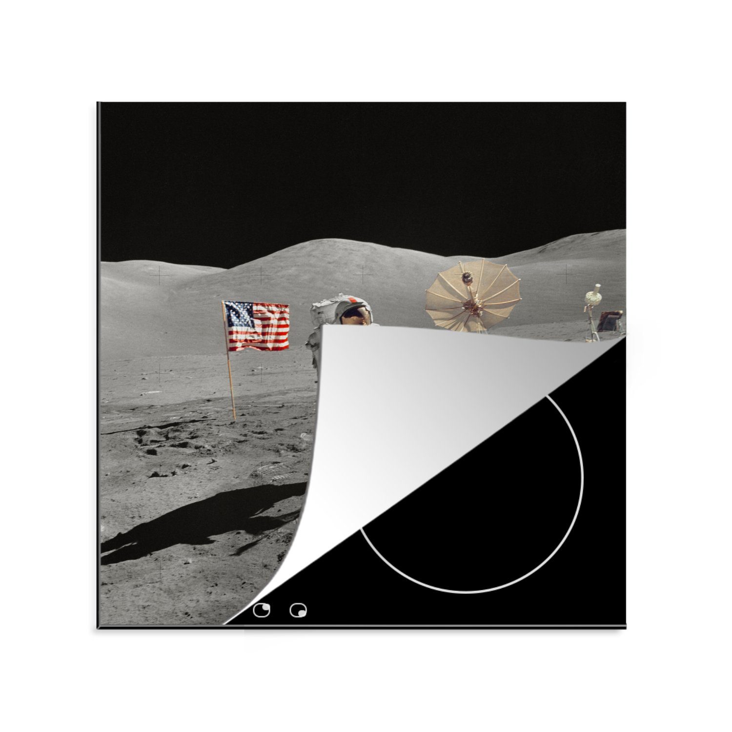 MuchoWow Herdblende-/Abdeckplatte Mond - Astronaut - Flagge, Vinyl, (1 tlg), 78x78 cm, Ceranfeldabdeckung, Arbeitsplatte für küche