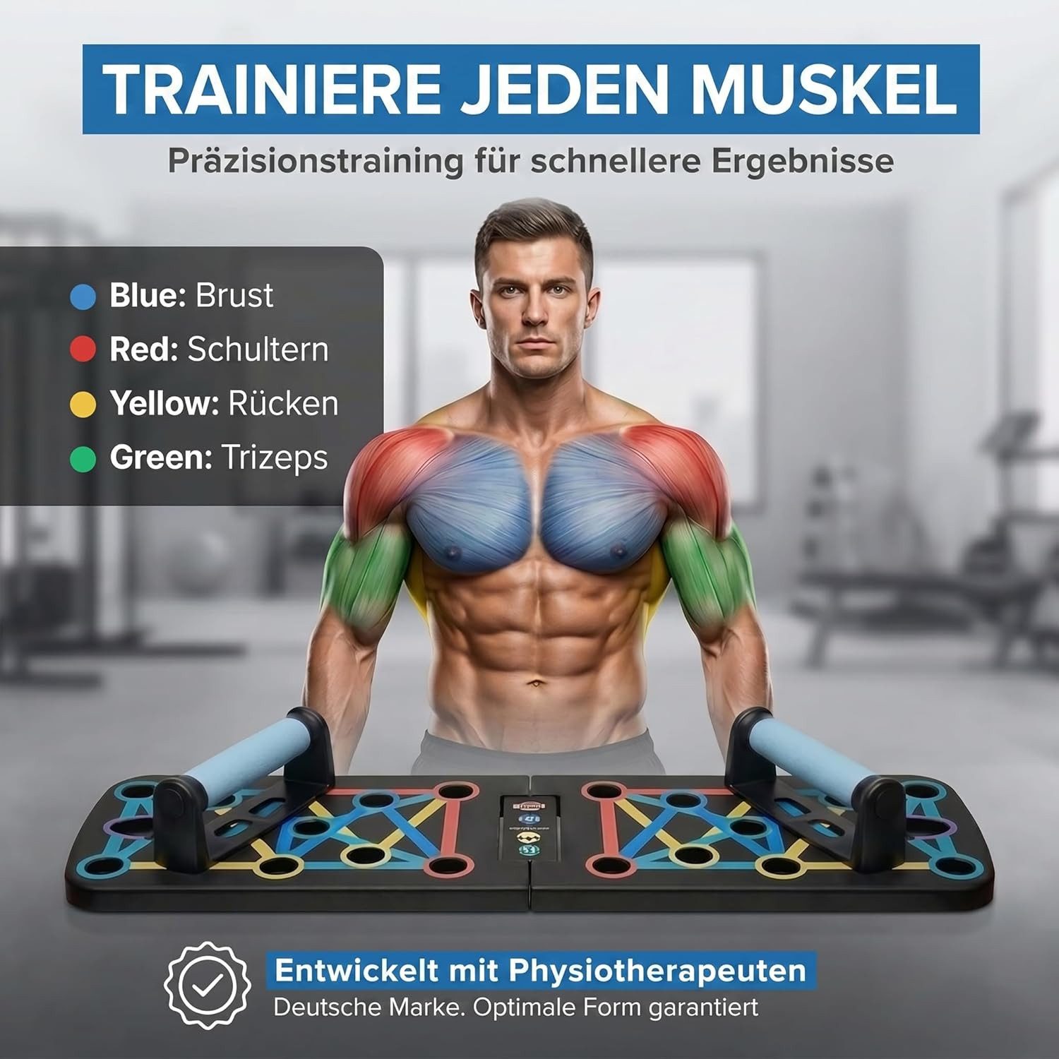 Body & Mind Liegestützgriffe 20-in-1 Liegestützbrett mit Griffen & Widerstandsbändern – Klappbar (Faltbares Multifunktions Fitness-Board, Ganzkörper-Training), Gratis Trainingsbänder