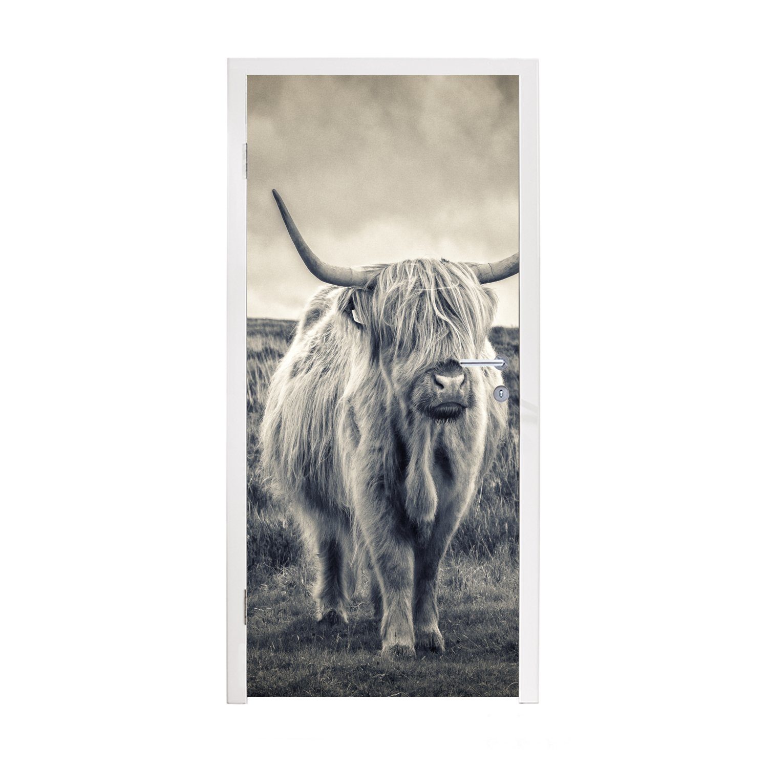 MuchoWow Türtapete Schottischer Hochländer - Tiere - Wolken - Kuh - Natur, Matt, bedruckt, (1 St), Fototapete für Tür, Türaufkleber, 75x205 cm