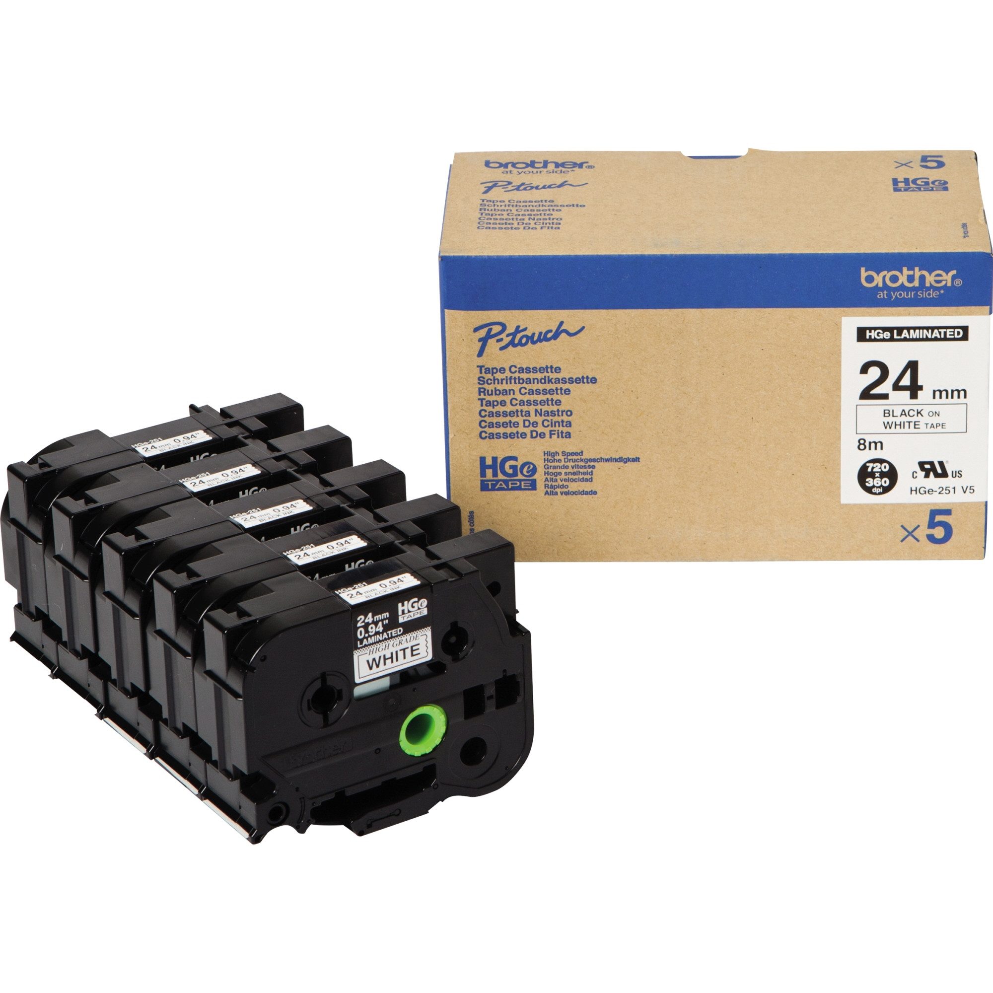 Brother Beschriftungsband Schriftbandkassette HGE251V5 24mmx8m schwarz auf weiß 5 Stück