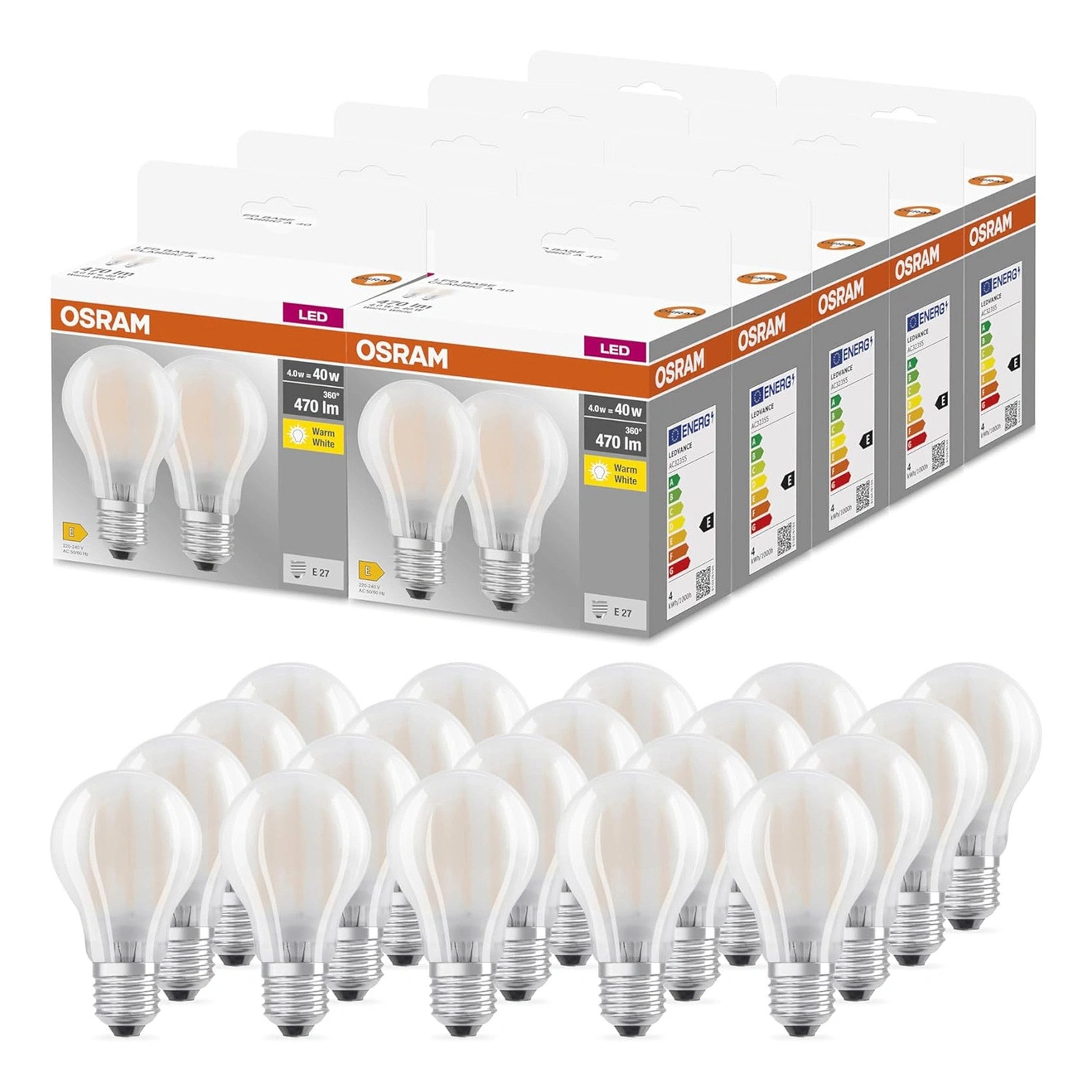 Osram LED-Leuchtmittel Osram LED BASECLA40 E27 – 4,2W (40W) Warmweiß, 20er-Pack, 20 St.