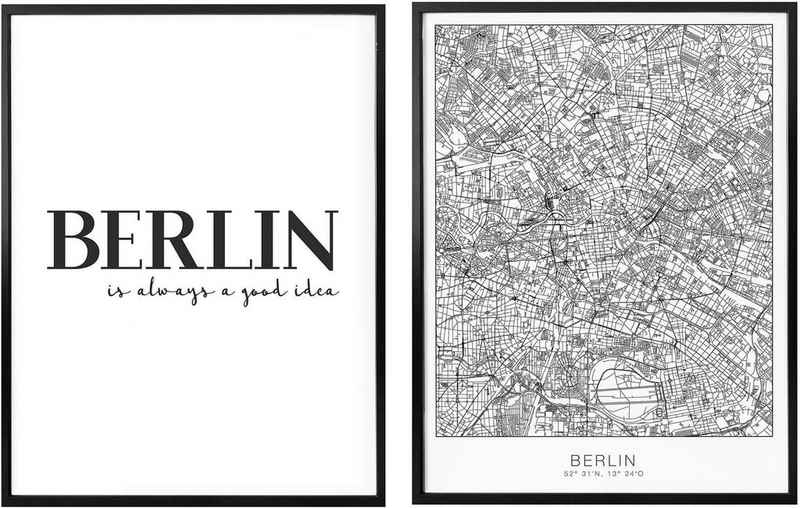Wall-Art Poster Berlin Stadtkarte Schriftzug Set, Blumen (Set, 2 St), Collage mit Bilderrahmen
