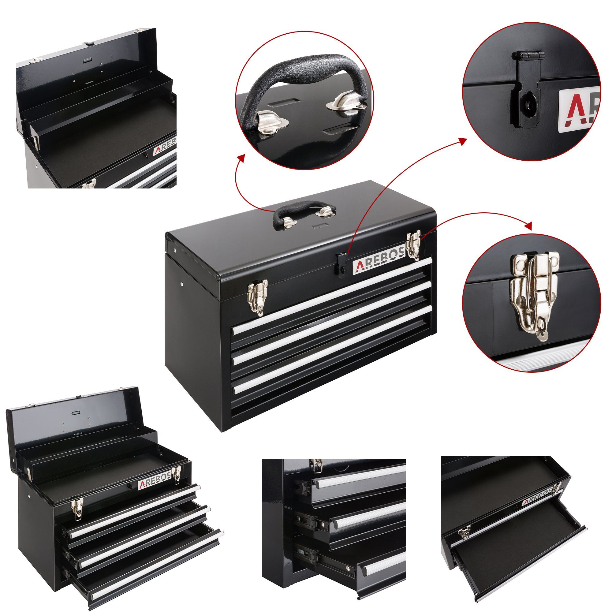 Arebos Schubladen Ablagefächern & mit 2 Werkzeugkoffer 3 schwarz