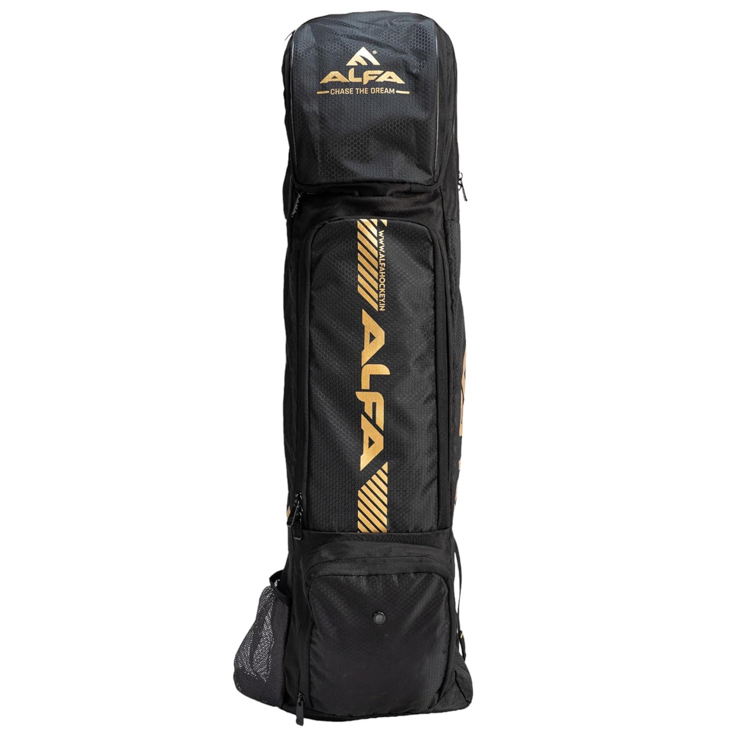 ALFA Hockeytasche Jumbo Hockeytasche Schwarz groß mit Schlägerfach & Belüftung (Große Hockeytasche mit Schlägerfach & Zubehörtaschen, Maße: 89×34×34 cm, Farbe Schwarz), 6 Innenfächer, Belüftete Mesh-Taschen, Komfortträger, Top-Zugang