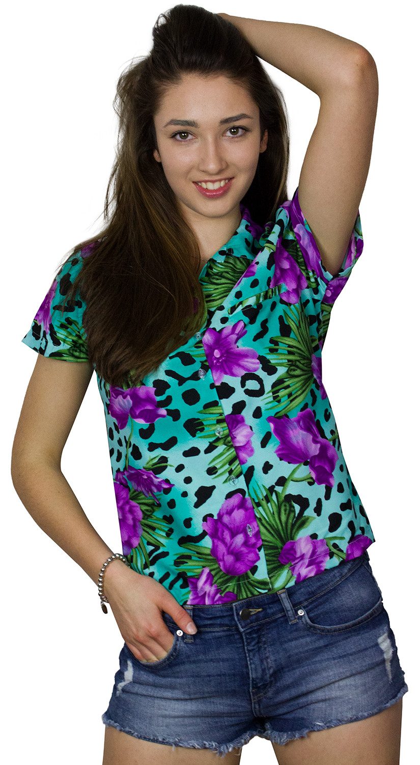 Hawaiihemd Leopard Flowers Funky Hawaiibluse Damen Kurzarm Front-Tasche Stylish