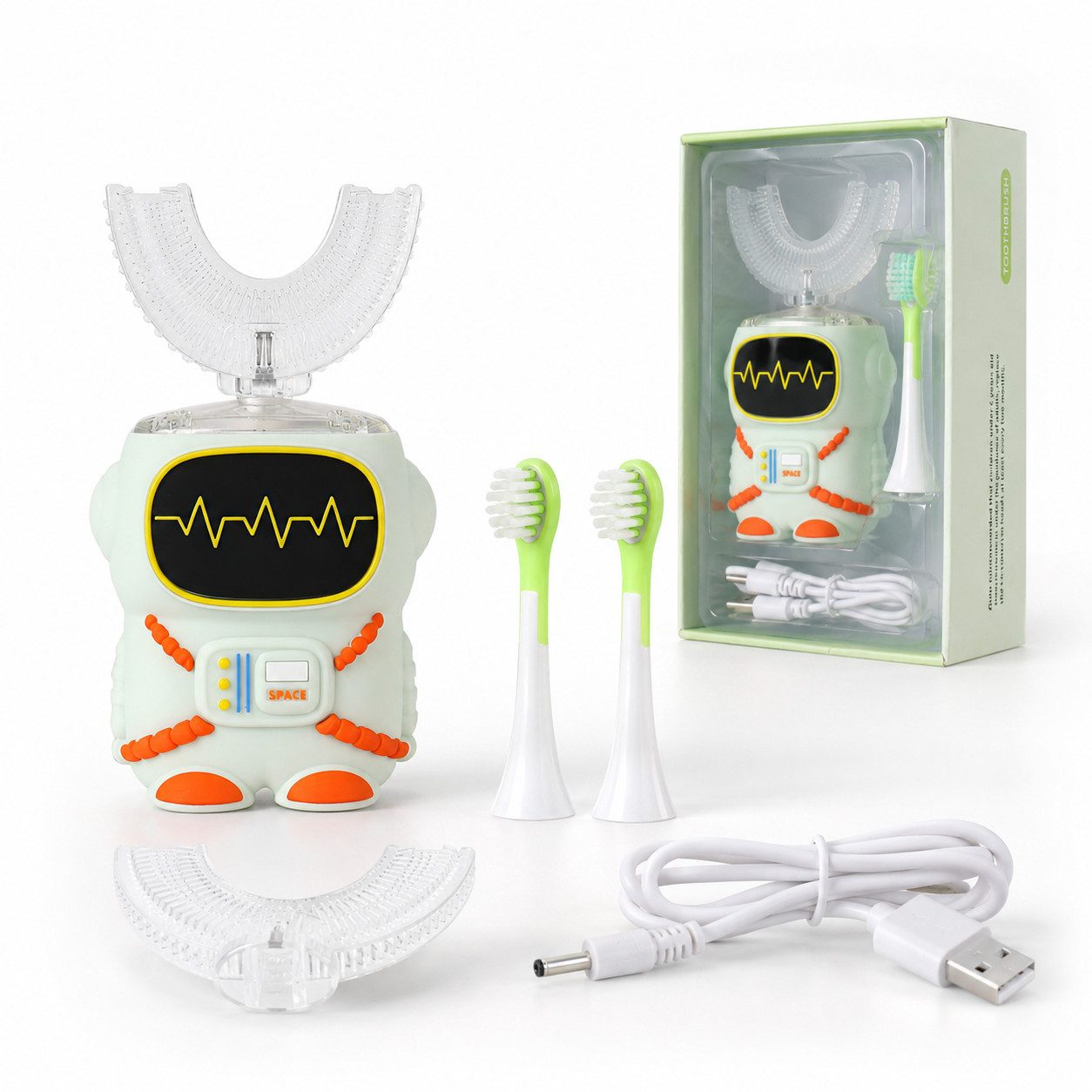 Tekoo Elektrische Kinderzahnbürste Schallzahnbürste Kinder Set, U-Form, Schall & 360° Reinigung, IPX7, Aufsteckbürsten: 4 St., 4-tlg. Bürstenkopf-Set, Komplettset, Kindgerechtes Astronauten-Design, 360° Reinigung, IPX7 Wasserschutz