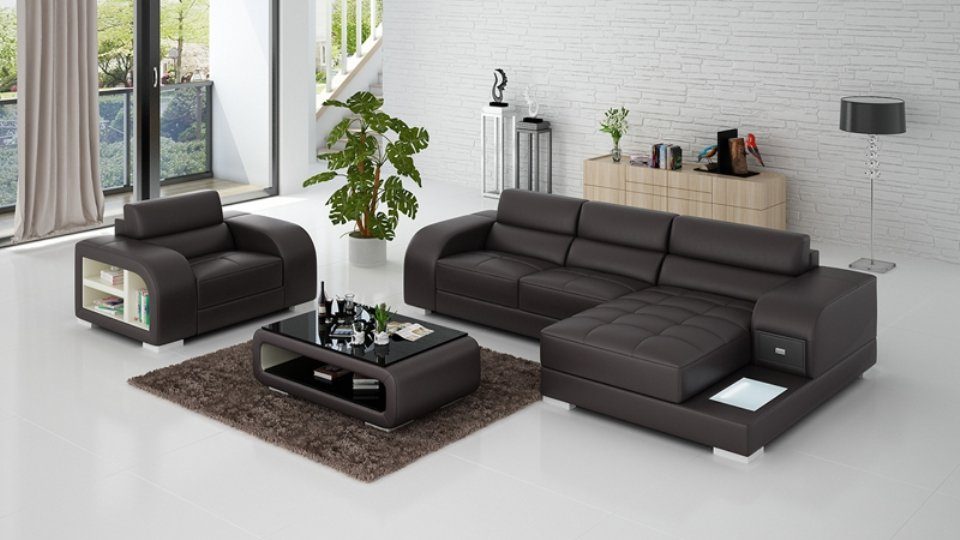 JVmoebel Ecksofa, Ledersofa Couch Wohnlandschaft Ecksofa + Sessel Design Sofa