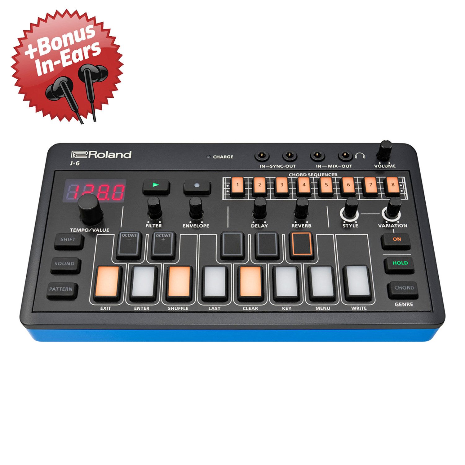 Roland Audio Roland Aira J-6 Chord Synthesizer + Bonus In-Ear Kopfhörer Digitales Aufnahmegerät (Mobiles Instrument für die Songproduktion)