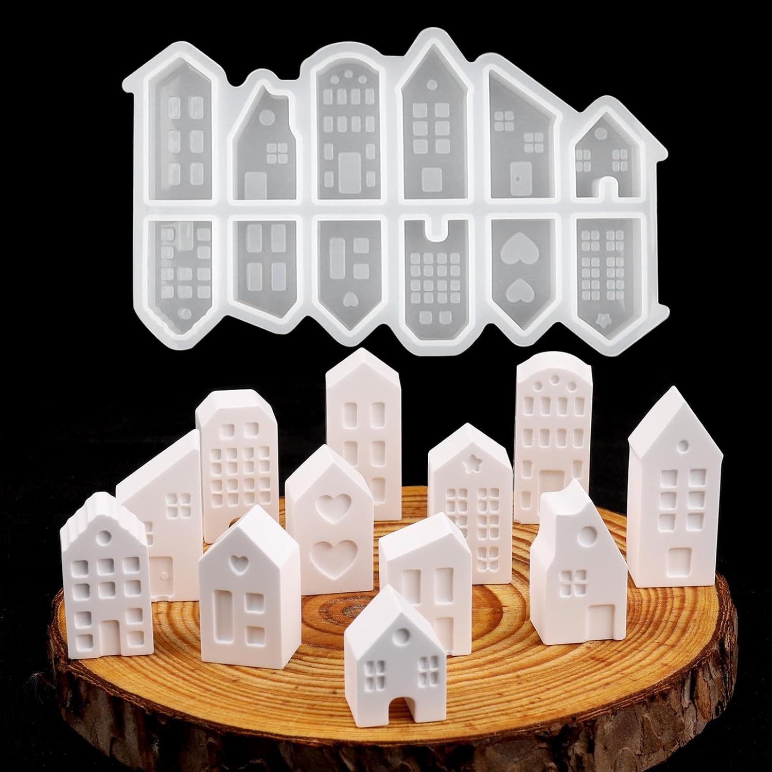 FOUORTUNATE-BEE Backform 12er Set 3D Haus Silikonformen Mini Haus Gießform für DIY Deko, 12 Silikonformen Mini Häuser 3D Gießform für Gips Beton Deko