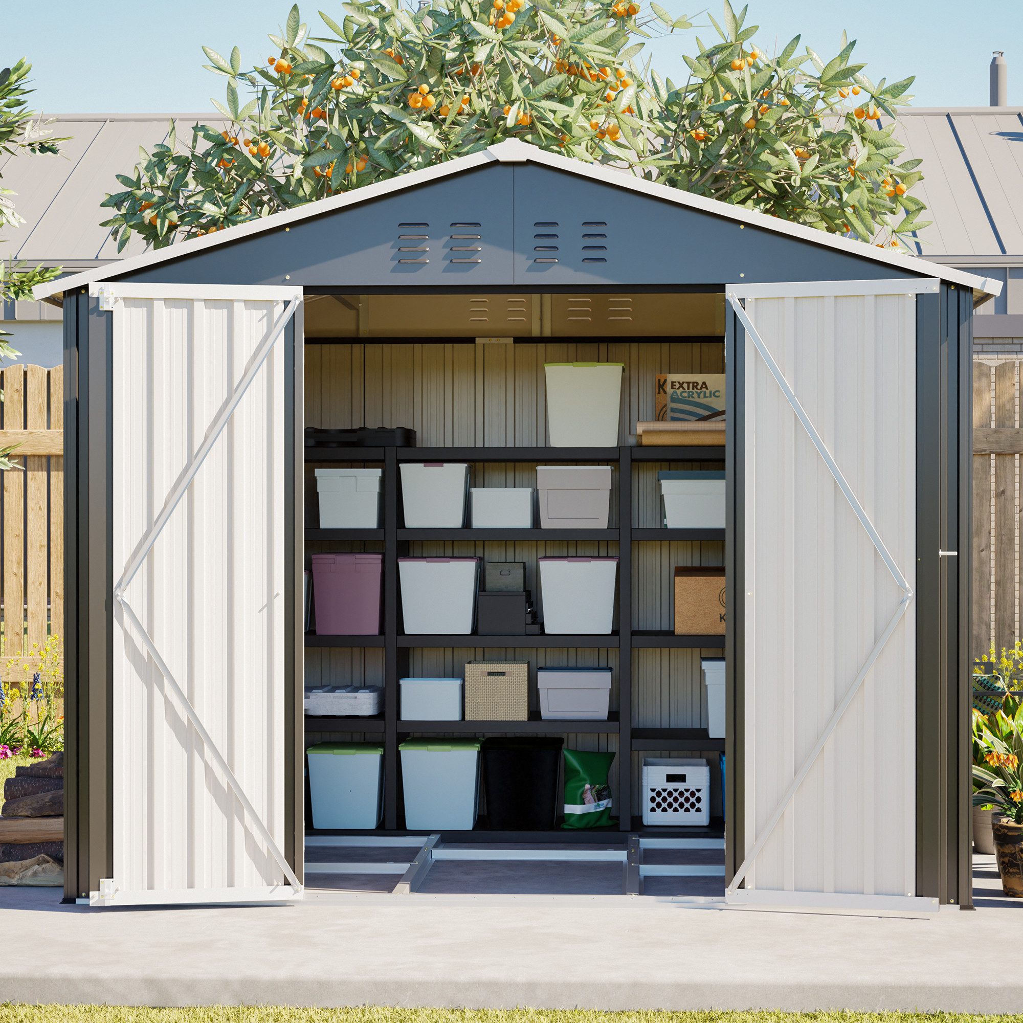 CHICFURN Gartenhaus Metall-Gartenhaus 240x192,3x191 cm mit Schiebetür, BxT: 240x192.3 cm, (Geräteschuppen, 4 Belüftungen, abschließbar, wetterfest), Robuster Geräteschuppen für Garten & Terrasse