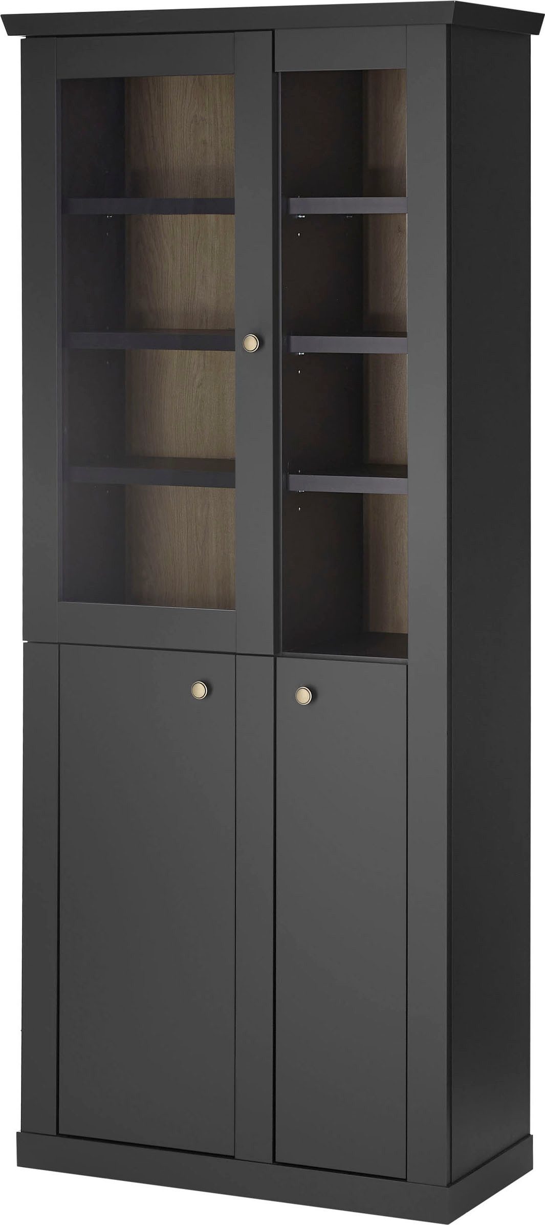 Home affaire Vitrine Lincoln, Hochschrank im Landhausstil, moderne Glasvitrine edles Design, messingfarbene Knopfgriffe, vielseitig einsetzbar