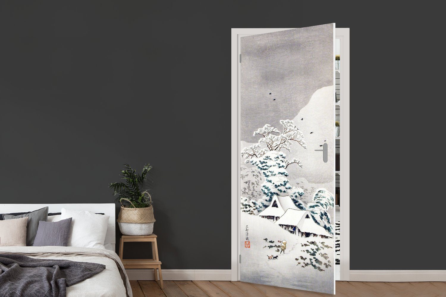 Tür, Matt, - Schnee, Türaufkleber, Türtapete Malerei bedruckt, für - Japan cm (1 St), Fototapete MuchoWow 75x205