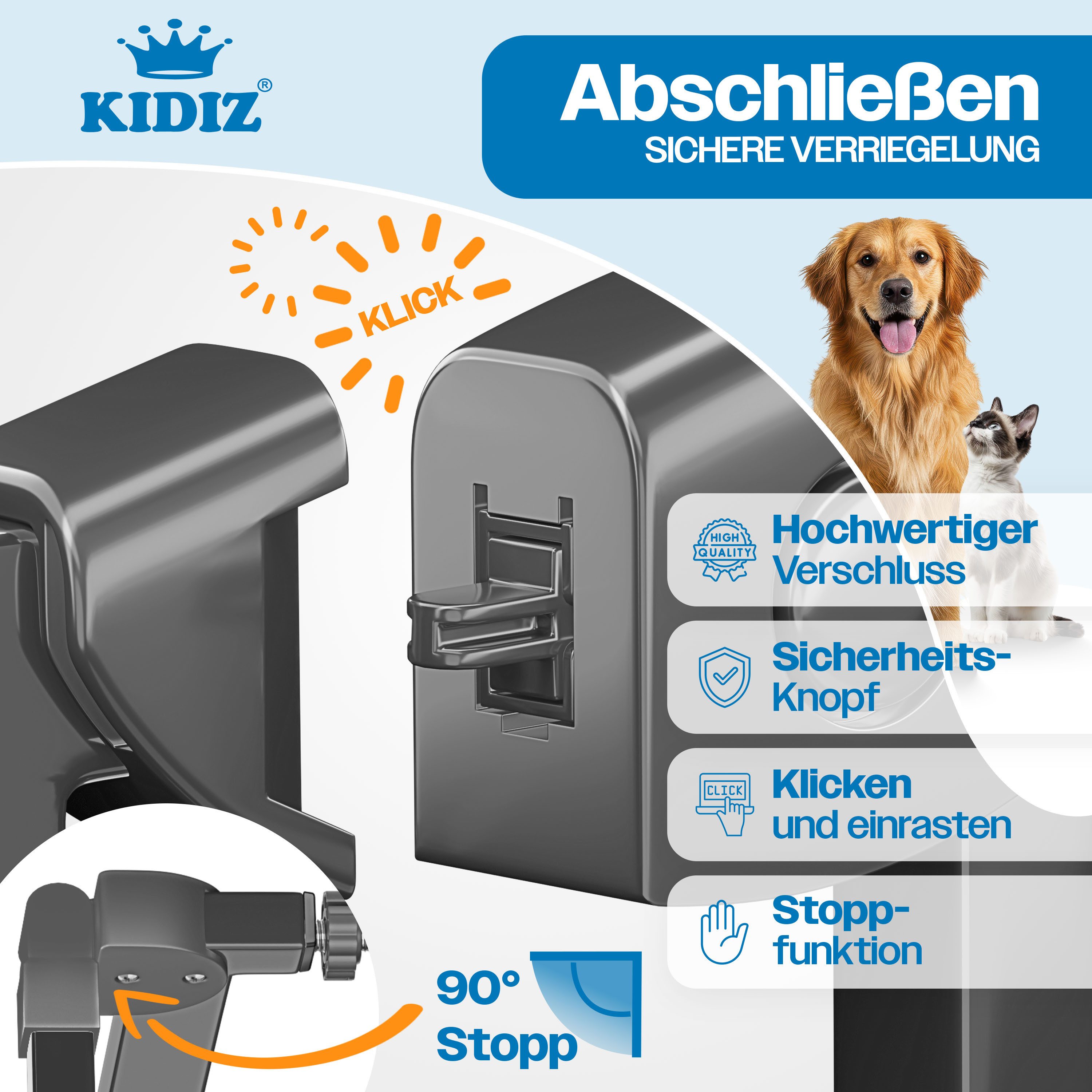 KIDIZ Türschutzgitter, auch als Schutzgitter für Treppen, Auto Close, Kinder Treppengitter