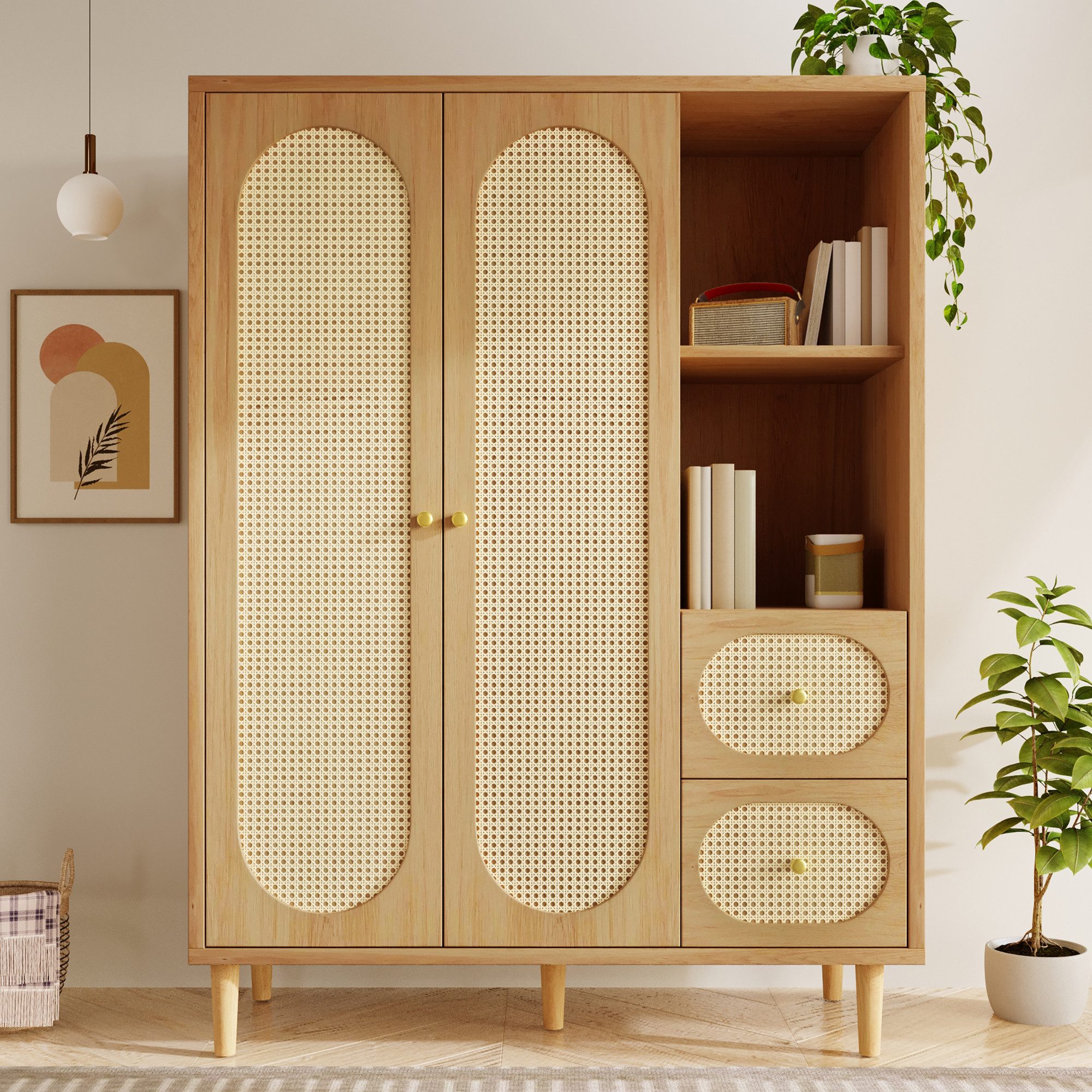 Flieks Kleiderschrank Garderobenschrank 120x44x161cm mit 2 Schubladen und 2 Türen, Rattan