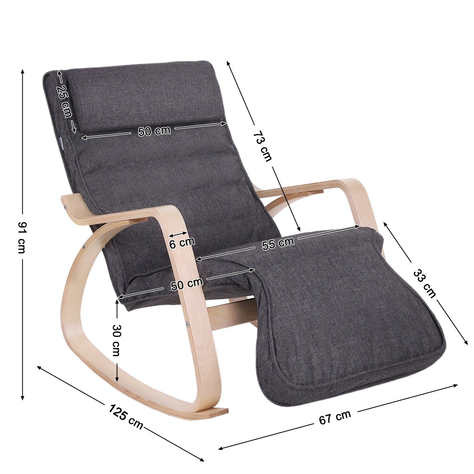 SONGMICS Schaukelsessel Schaukelstuhl, Relaxstuhl, bis 150 kg belastbar, 125 x 67 x 91 cm (5-fach verstellbare Fußstütze), Gestell aus Birkenholz, abnehmbarer Bezug des Kopfkissens, dunkelgrau