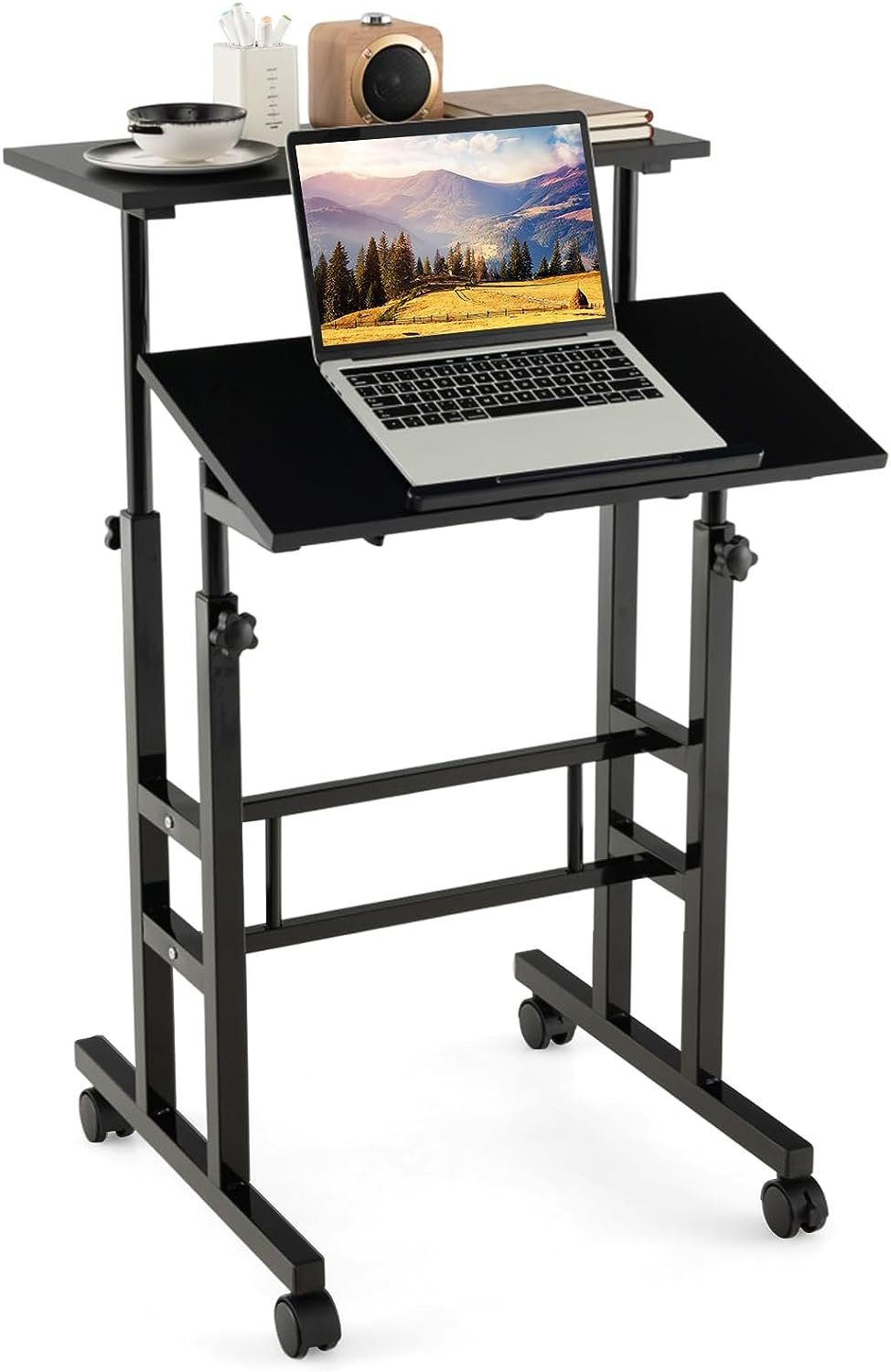 KOMFOTTEU Laptoptisch Stehpult, höhenverstellbar Schreibtisch, mit Rollen schwarz