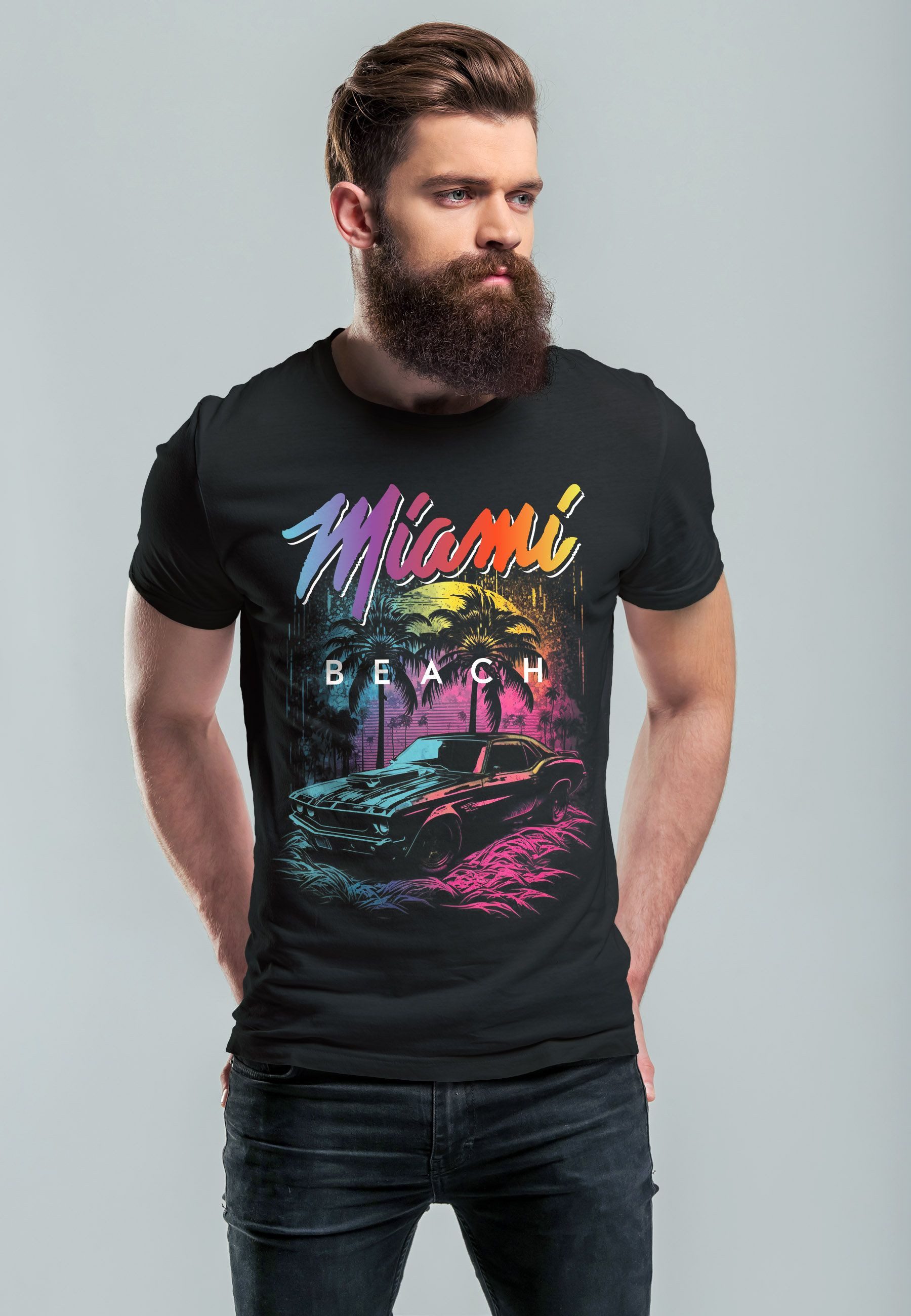 Neverless Print-Shirt Herren T-Shirt Miami Beach USA Oldtimer Car Palmen Pr günstig online kaufen