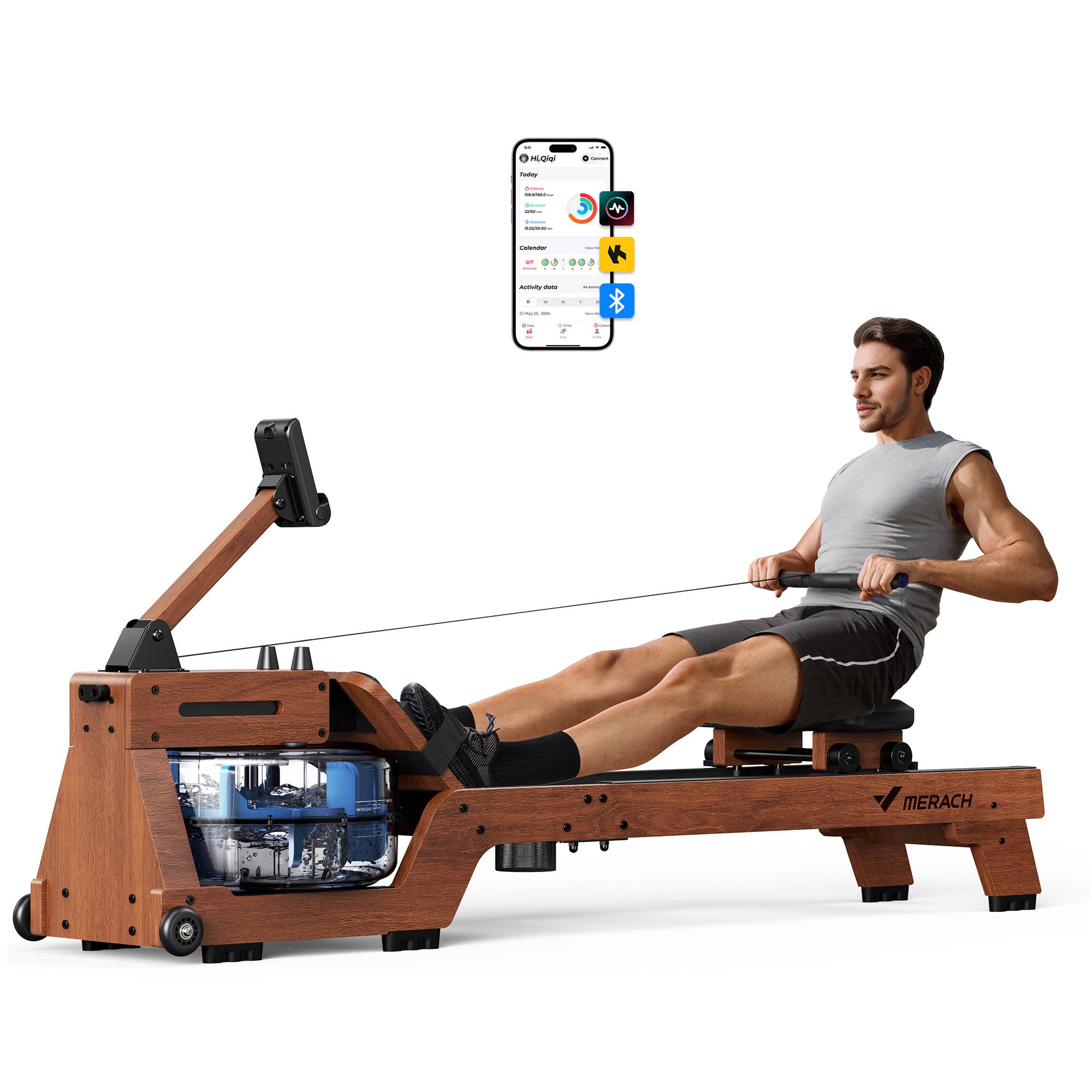 MERACH Rudermaschine Wasser Rudergerät für Zuhause, Bequemer Ergonomischer Stuhl, Professioneller Bluetooth-Monitor mit Tablet-Halterung