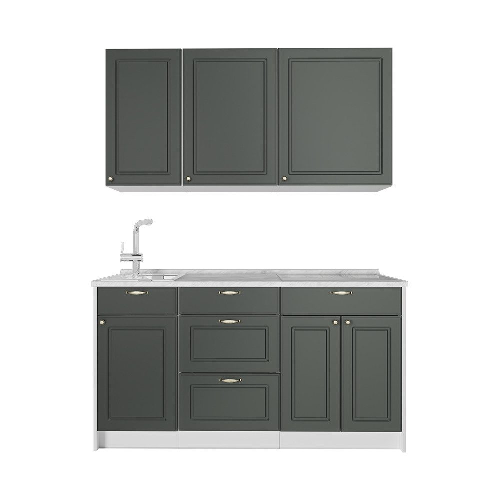 Vicco Küchenzeile Fame-Line, Grün-Gold Landhaus/Weiß, 150 cm, AP Marmor