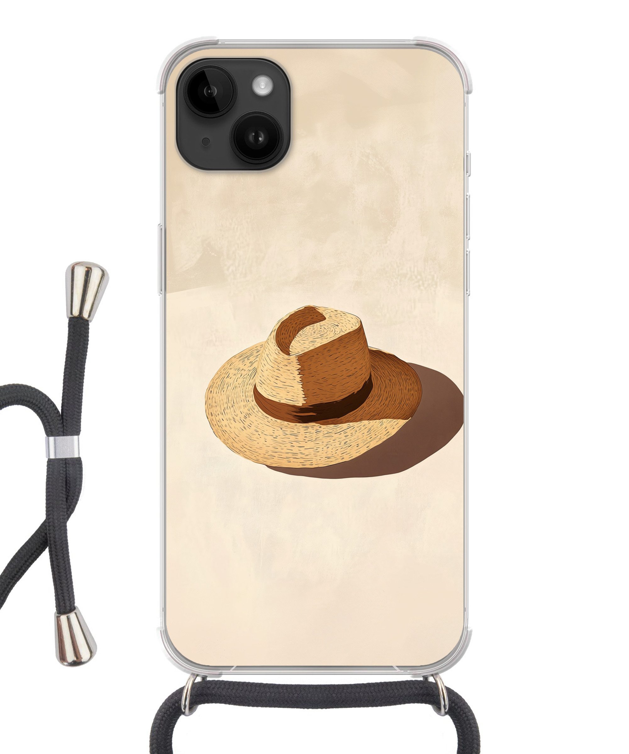 MuchoWow Handyhülle für Apple iPhone 14 Max Hut - Minimalistisch - Farbton - Beige, Tragbare Handyhüllen mit Kette zum umhängen, Handykette Handyband