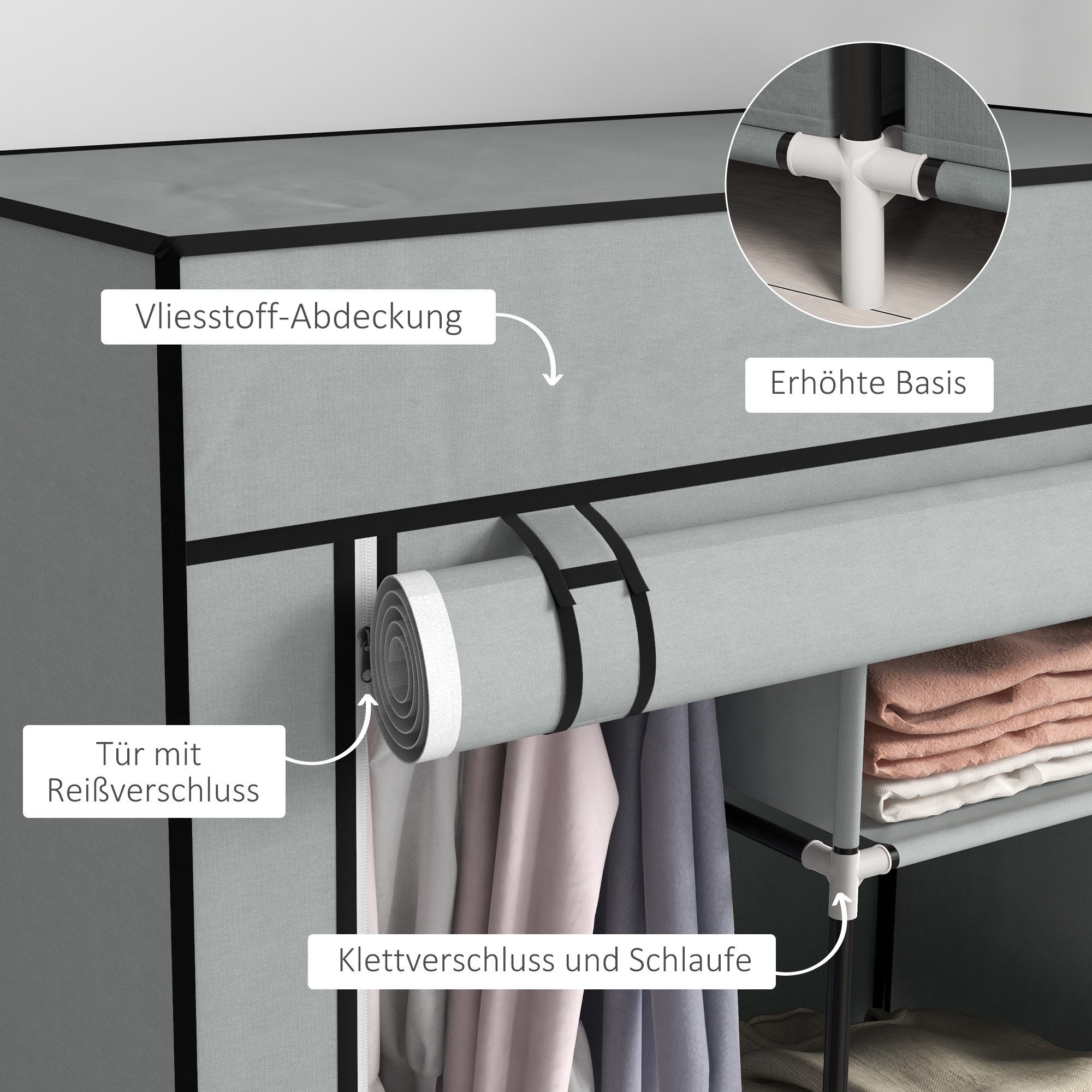 HOMCOM Stoffschrank Kleiderschrank, Kleiderstange, Reißverschluss Stoffkleiderschrank (Garderobe, 1-St., Faltschrank) Hellgrau, 83 x 42,5 x 162,5 cm – Bild 5 von 5