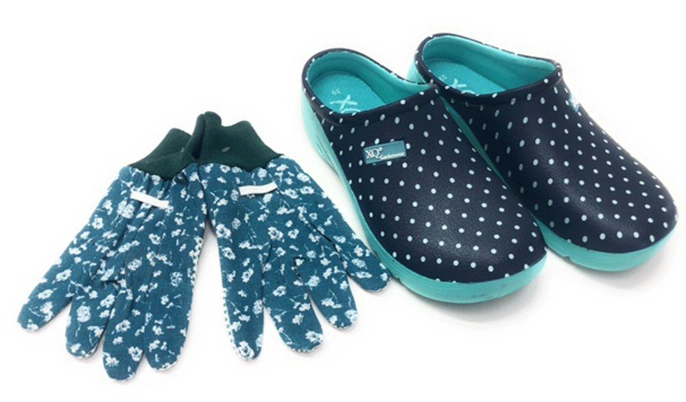 Steinnacher Bärbel Gartenclogs blau mit weißen Punkten und Gartenhandschuhe 2er Set Clog