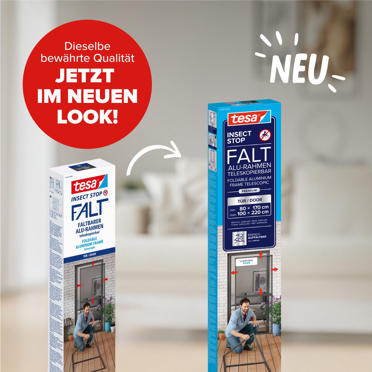 tesa Insektenschutz-Tür FALT Alu Rahmen teleskopierbar Premium für Türen, (Packung, 1-St., Teleskop Alu Rahmen), Alu Insektenschutz 80 cm x 170 cm bis 100x cm x 220 cm