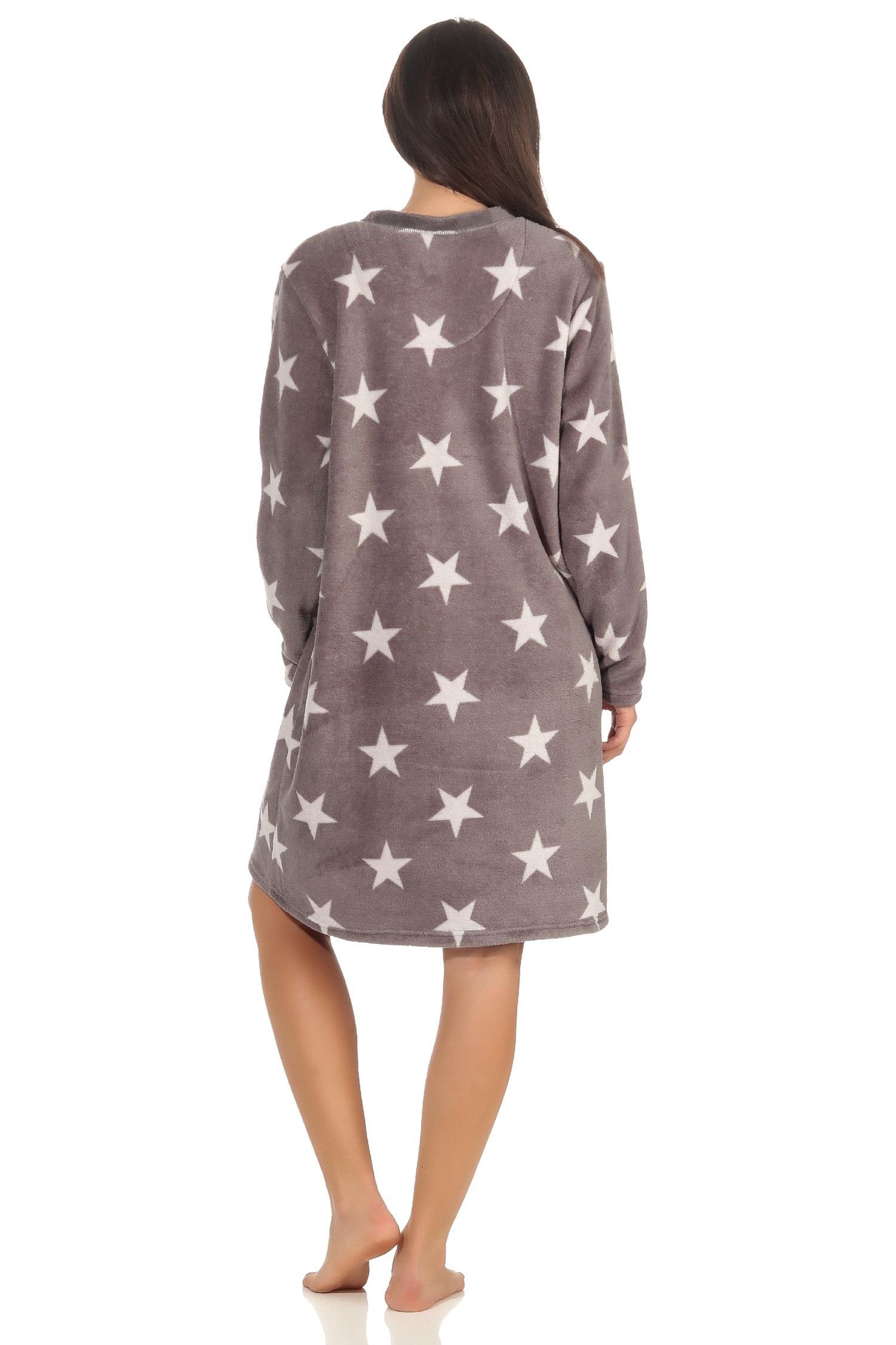Fleece Optik aus Nachthemd grau Coral Hauskleid in Sterne Damen kuschel Nachthemd Normann