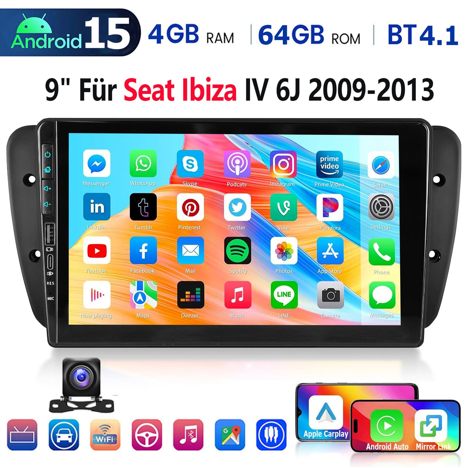 ESSGOO Android15 Für Seat Ibiza IV 6J 2009-2013 Carplay GPS Mit USB Type-C BT Autoradio (RDS, 4+64GB(optional), Digitalradio (DAB), DAB+ (optional), AM/FM, Carplay Android Auto Bluetooth EQ USB GPS Navi WIFI Touchscreen)