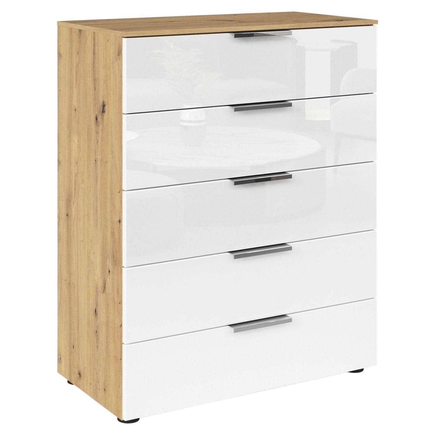 rauch Kommode FLIPP, Artisan Eiche Dekor, Weiß, 5 Schubladen, mit Soft-Close-Funktion, B 80 x H 100 x T 42 cm
