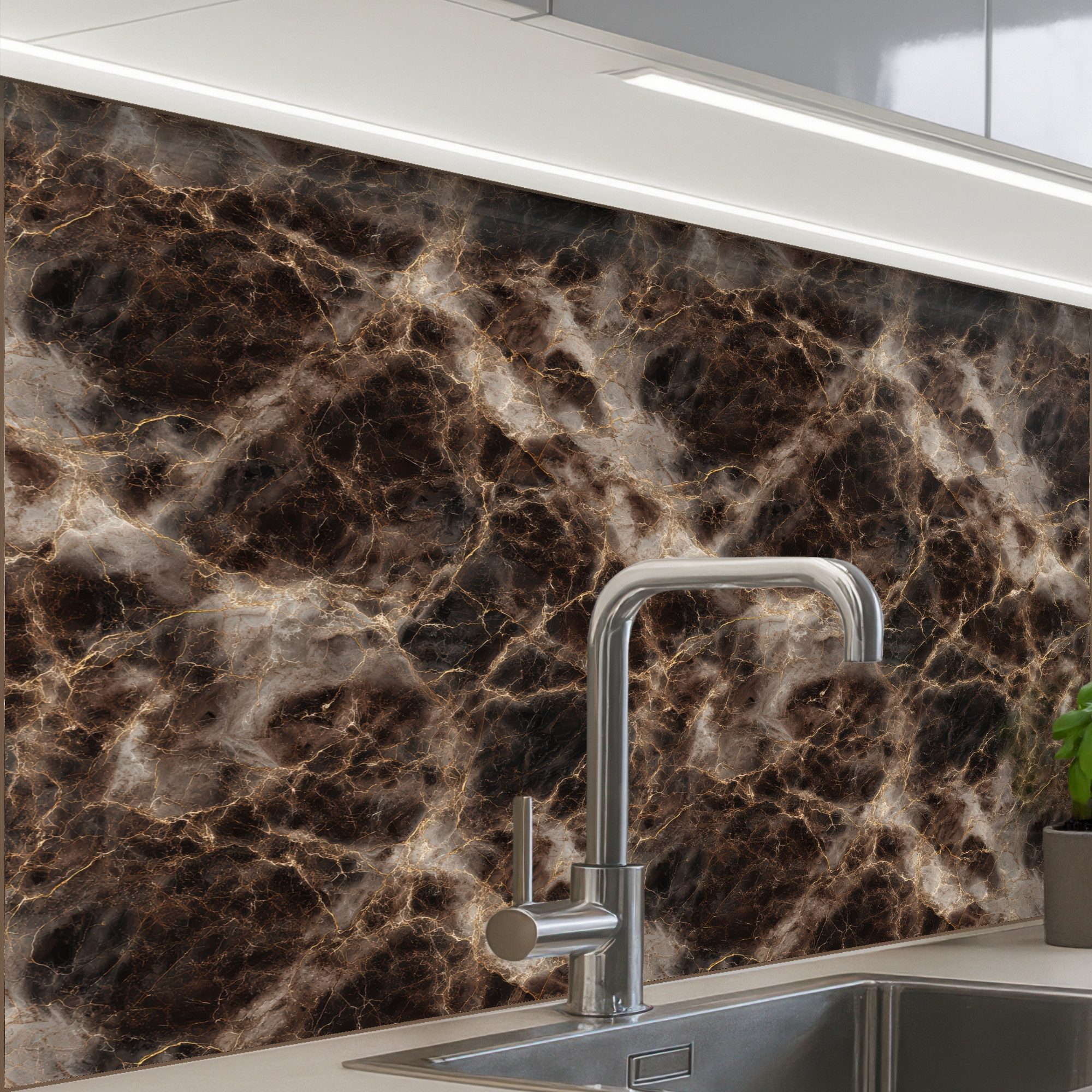 KitchenYeah Küchenrückwand Muster selbstklebend (keine Folie) Braun - Gold - Marmor, (1-tlg), Spritzschutz, Küche, Rückwand, Küchenwand, Küchenfront, 30x20 cm