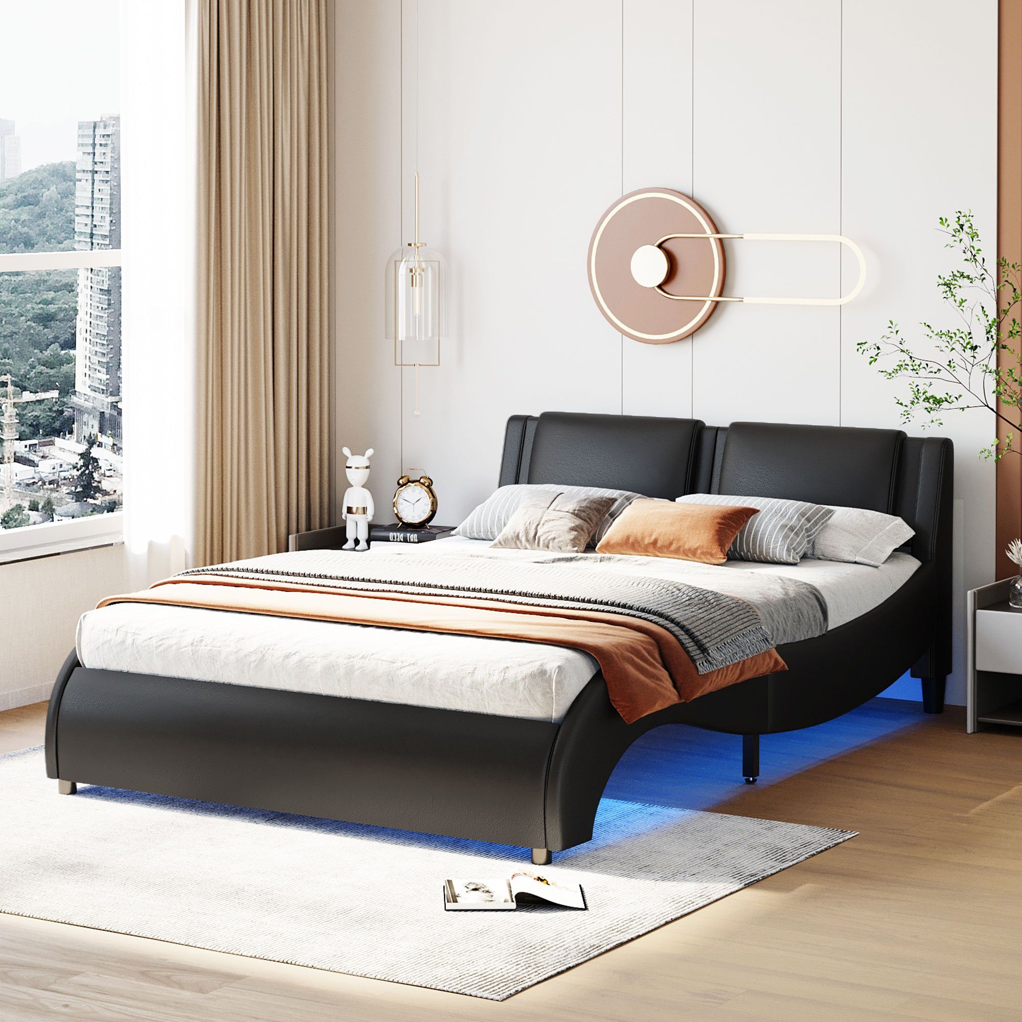 Kunstlederbett Schwarz OKWISH mit LED-Lichtbettgestell (140*200cm Bett ohne Gästebett Lattenrosten), Polsterbett Funktionsbett mit Doppelbett Matratze