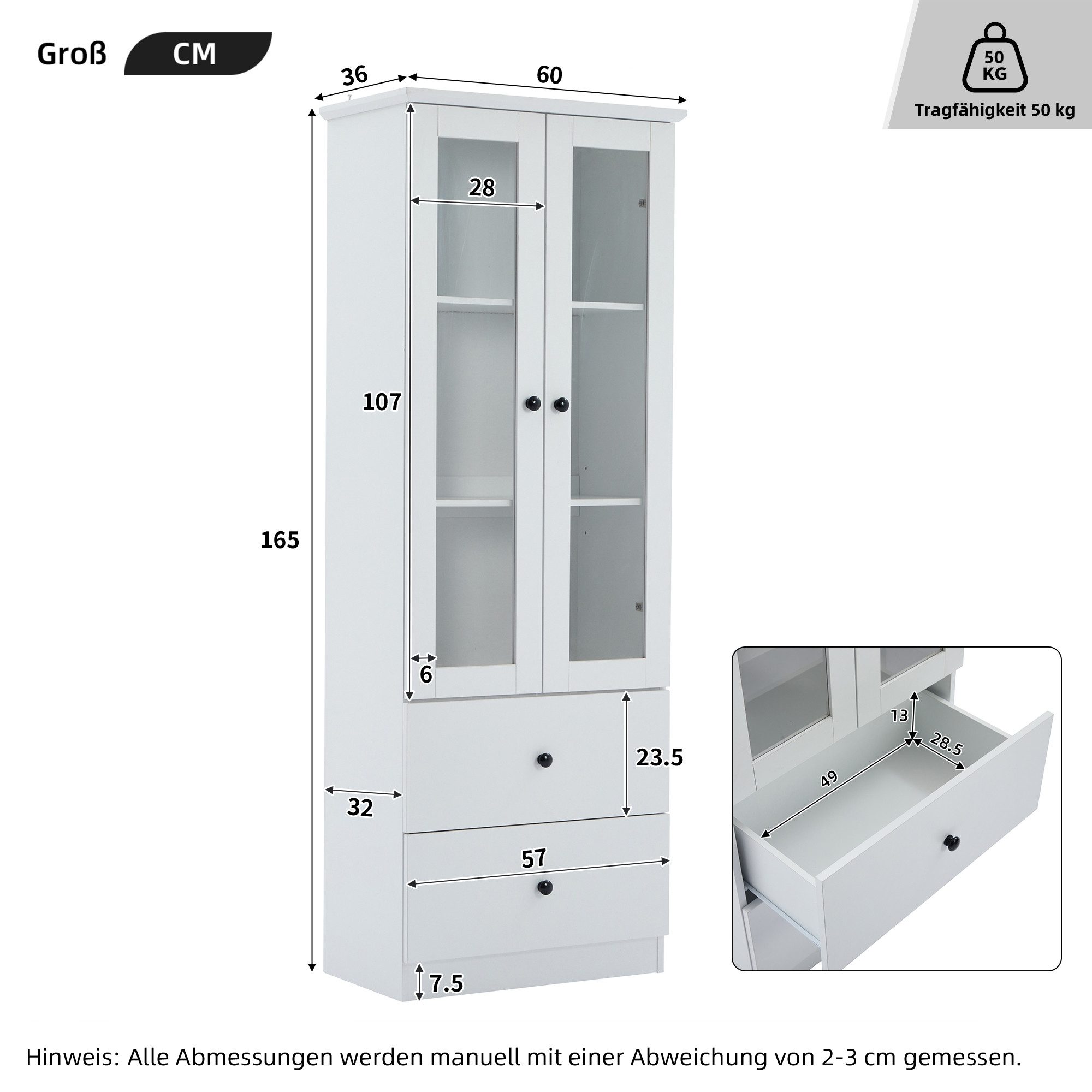 KLAM HOME Vitrine Moderne LED-Vitrine weiß matt 165 cm hoch mit USB-Anschluss (16-Farben-Fernbedienung, Glasvitrine mit 2 Schubladen, MDF-Wohnzimmer) Vertikalvi – Bild 3 von 5