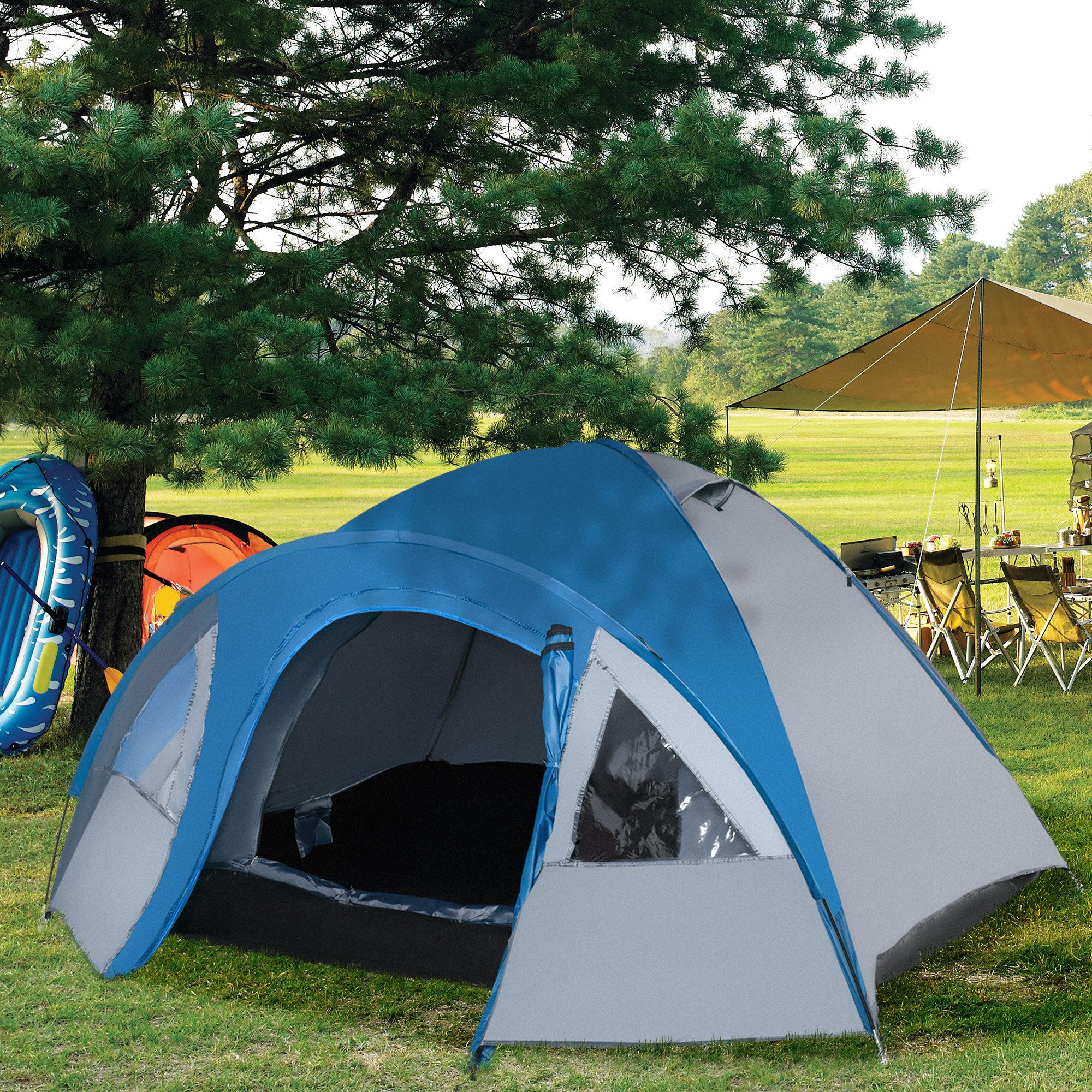 furnicato Gruppenzelt Campingzelt 4 Personen 250x300x130 cm Blau-Grau, (1 tlg), Geräumiges Zelt mit Vorraum, Fliegengittern und Innentaschen
