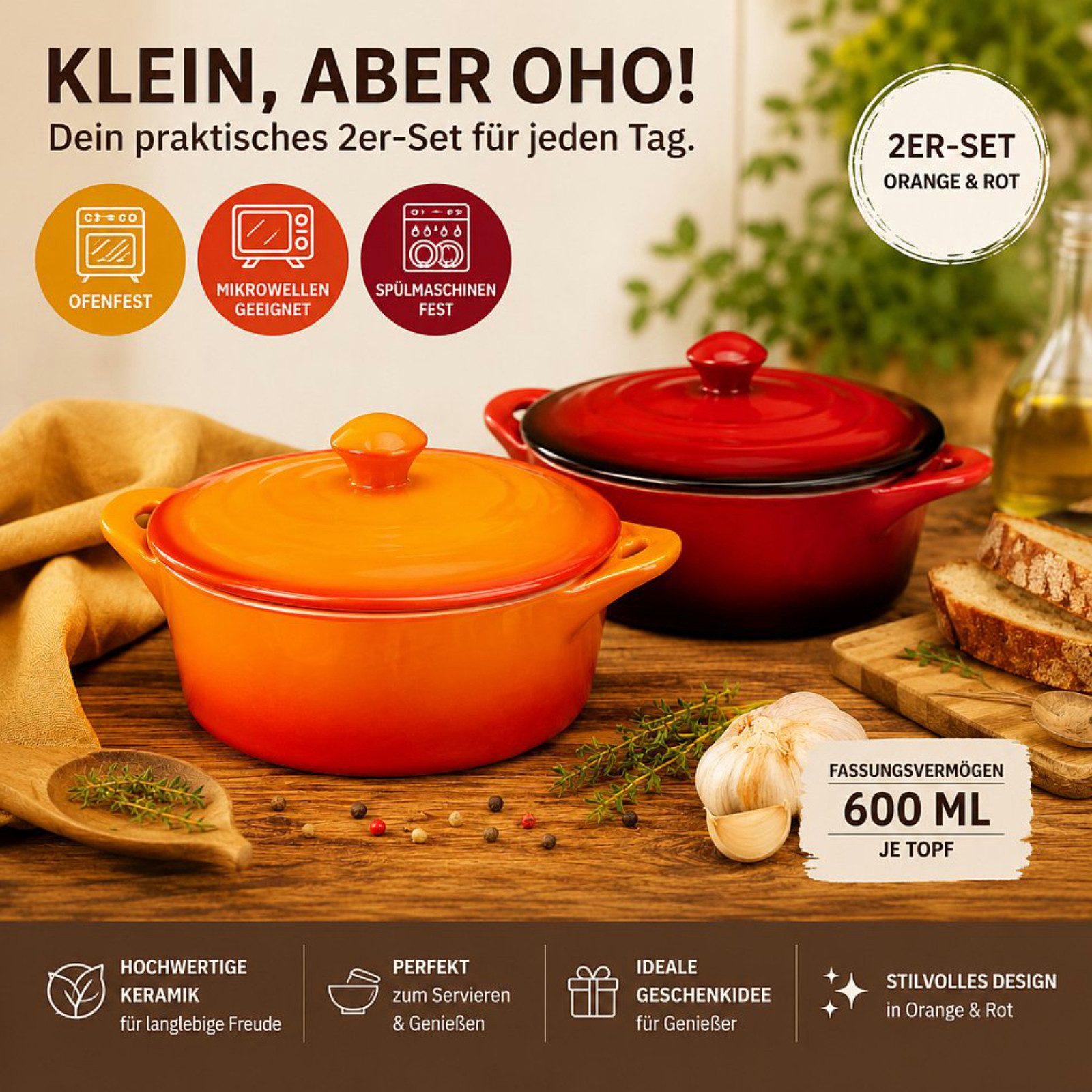 Koopman Ofenschale Auflaufform Gartopf Ofenform 2 Farben Keramik 2 Stk, Keramik, (Set, 2-St., Packung), 2er Set, mit Deckel, Keramik, Orange + Rot
