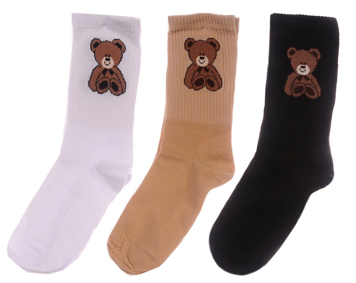Martinex Socken Socken 3er Pack Strümpfe Set in weiß schwarz beige mit Bären elastisch, weich, 34 35 36 37 38 39 40 41 42 43